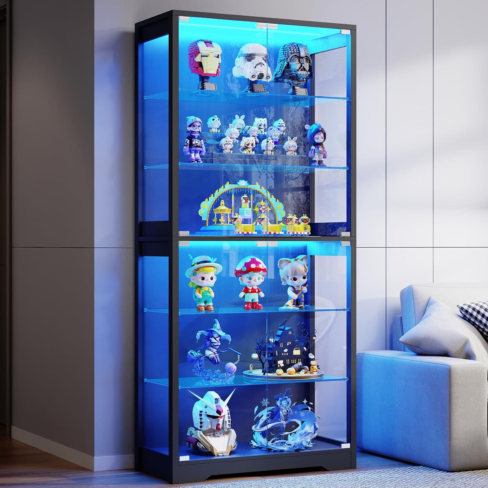 BROTTAR Vitrine mit Glastür, 6-stufige 180cm Vitrine mit 3 Farblichten für Sammlerstücke, Vitrine mit verstellbaren Glasträgern, Körperkensorsensor, Aufbewahrungsschränke, Schwarz Angebot bei HelloDeals