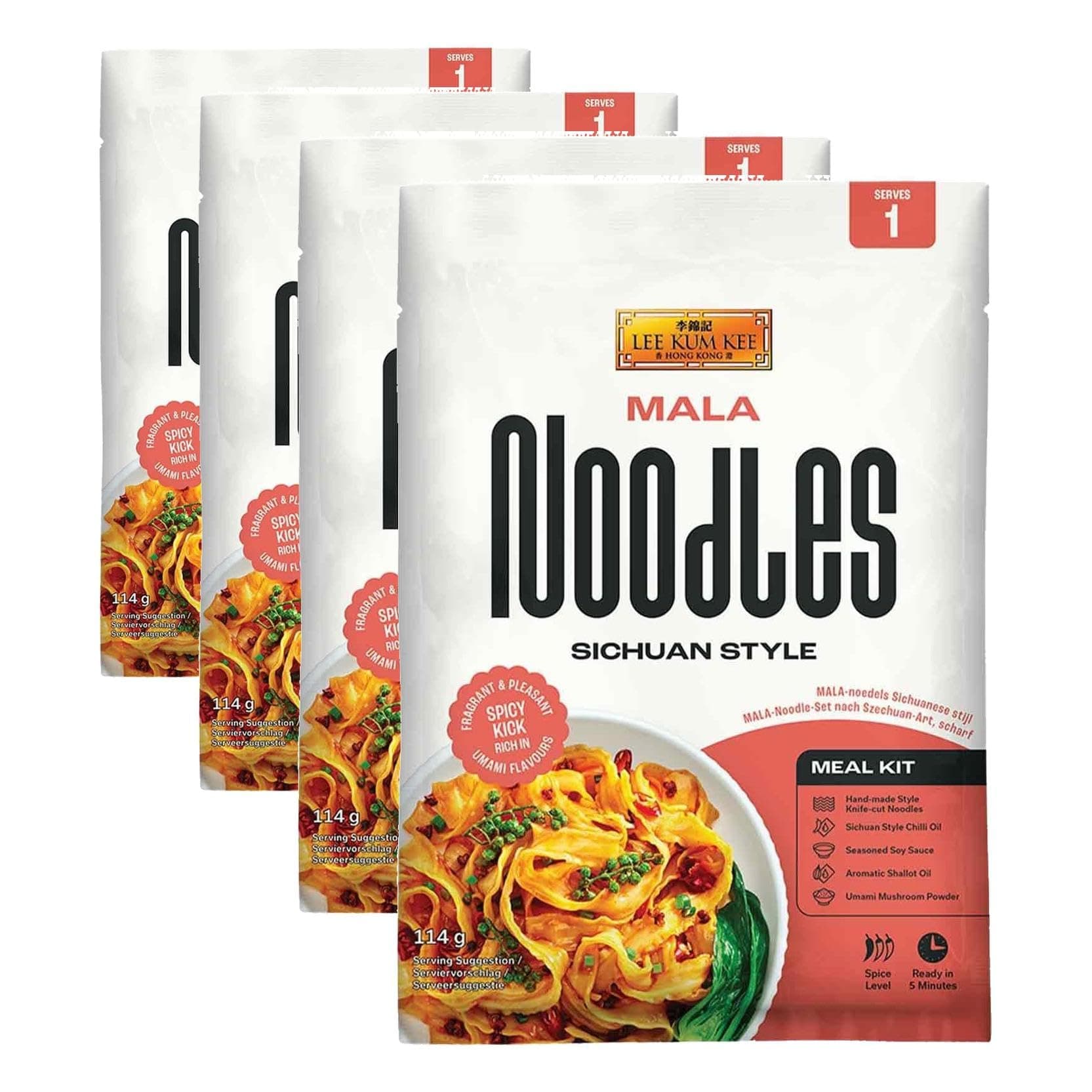 Lee Kum Kee Mala Nudel Meal Kit - Sichuan Style Mala Nudeln mit Chiliöl und gewürzter Sojasauce, Knife-cut Nudeln, fertig in 5 Minuten, ideal als schnelle Mahlzeit für eine Person, 1 x 114 g 114 g (4er Pack) Angebot bei HelloDeals