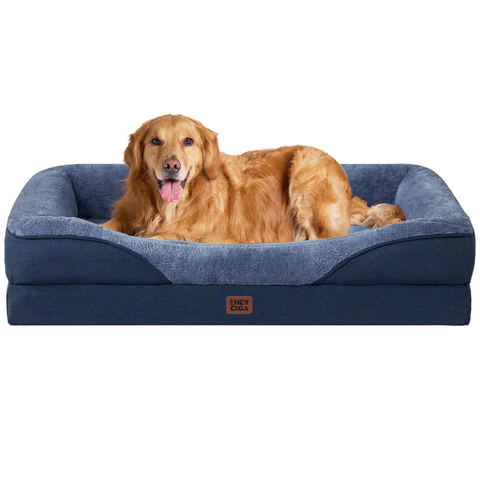EHEYCIGA Orthopädisches Hundebett mit 4 Rändern, 106.5x76cm, Marineblau | Memory Foam, Waschbarer Bezug, Wasserdichte Beschichtung, Rutschfester Boden, Reversibles Design, Dauerhafter Reißverschluss L 106 x B 76 x H 19 cm Marineblau Angebot bei HelloDeals