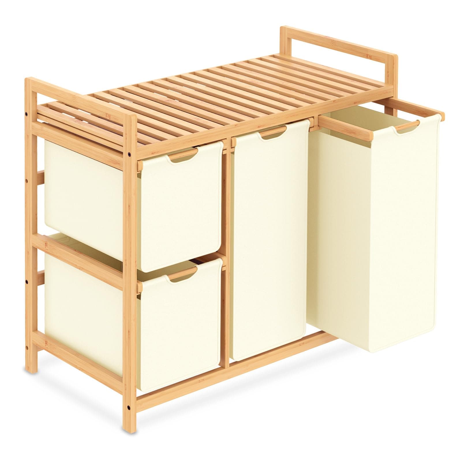 iEGrow Wäschekorb 4 Fächer 150L, Wäschesammler 4 Fächer, Bambus Wäschewagen mit Ablage für Schmutzwäsche, Push-Pull Wäschesack aus Oxford-Gewebe, 2 x 50 L, 2 x 25L Wäschebox Beige Beige Wäschekorb mit Ablage Angebot bei HelloDeals