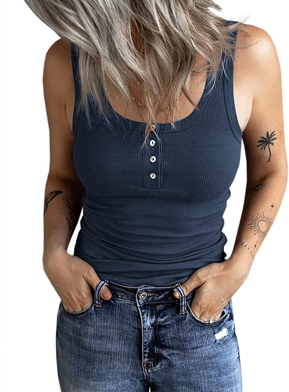 Fessceruna Damen Tops Sexy Tanktop Ärmellos Sommer Oberteil | U-Ausschnitt, Einfarbig, Gerippt Sommertop, Camisole Shirt mit Knöpfen, Elegant Träger-Tops XL Blau Angebot bei HelloDeals