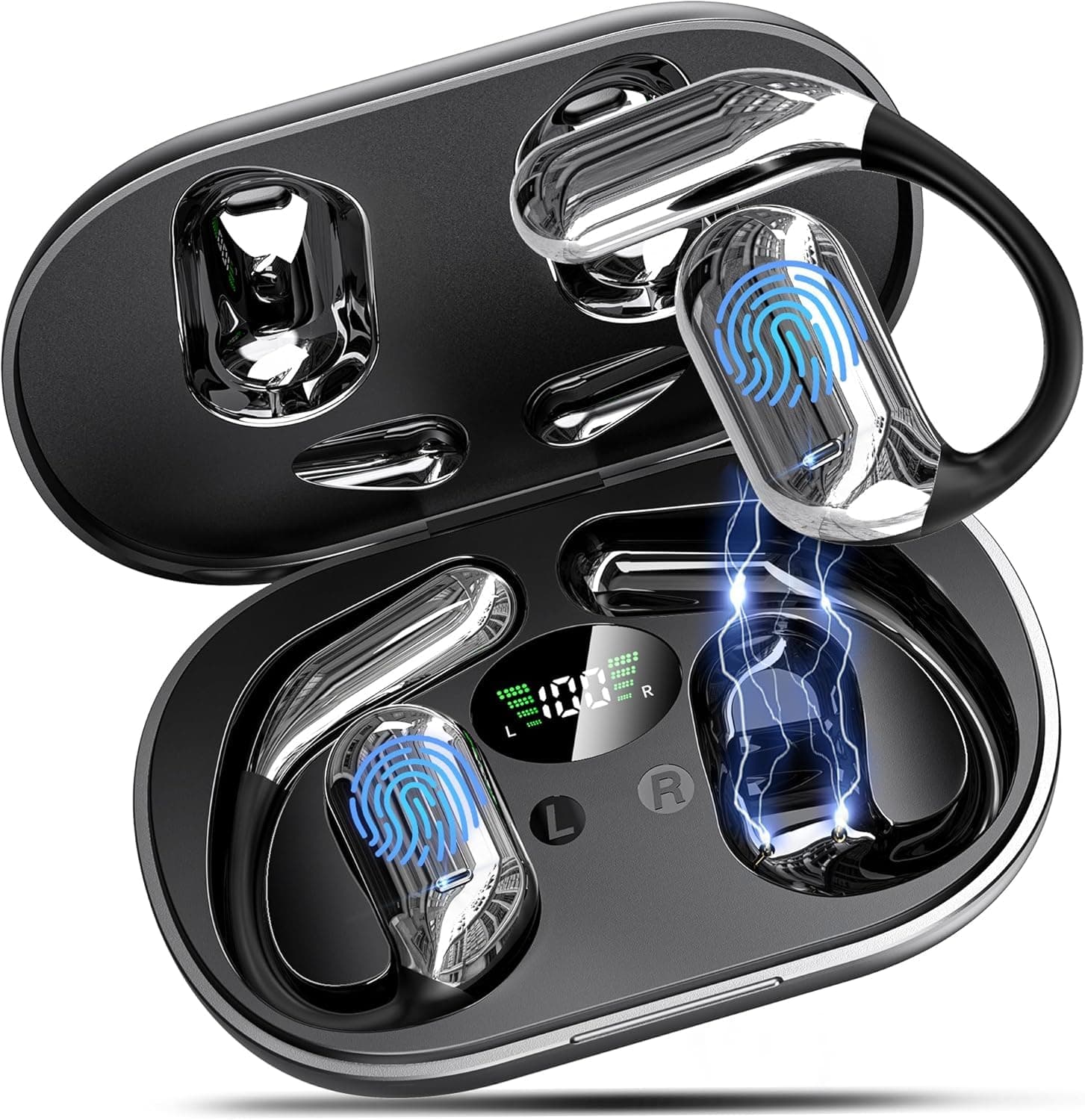 EUQQ Open Ear Kopfhörer Bluetooth 6.1 KI 50 Std Sport Kopfhörer für Laufen | mit Bequem Flexiblem Ohrhaken Doppel LED Ladebox 1std Schnellladung Open Ear Ohrhörer Smart Touch On Ear Sportkopfhörer Glanz Schwarz Angebot bei HelloDeals