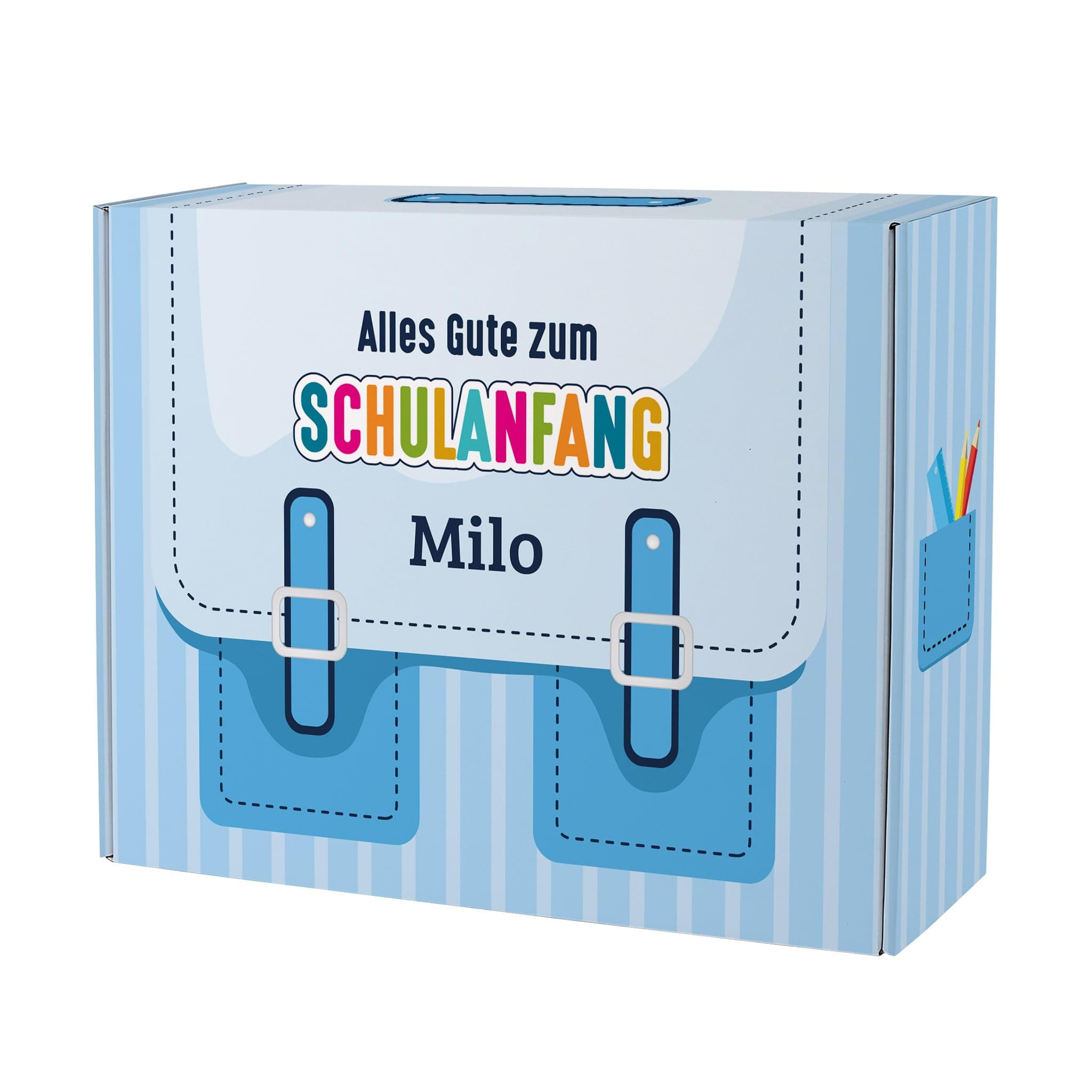 Striefchen® Geschenkverpackung Schulanfang - Geschenkkiste & Geschenkkorb für Geschenke zur Einschulung Mädchen & Jungen - Personalisierte Geschenke mit Name (Schulranzen Blau, Größe L) Schulranzen Blau (L) Angebot bei HelloDeals