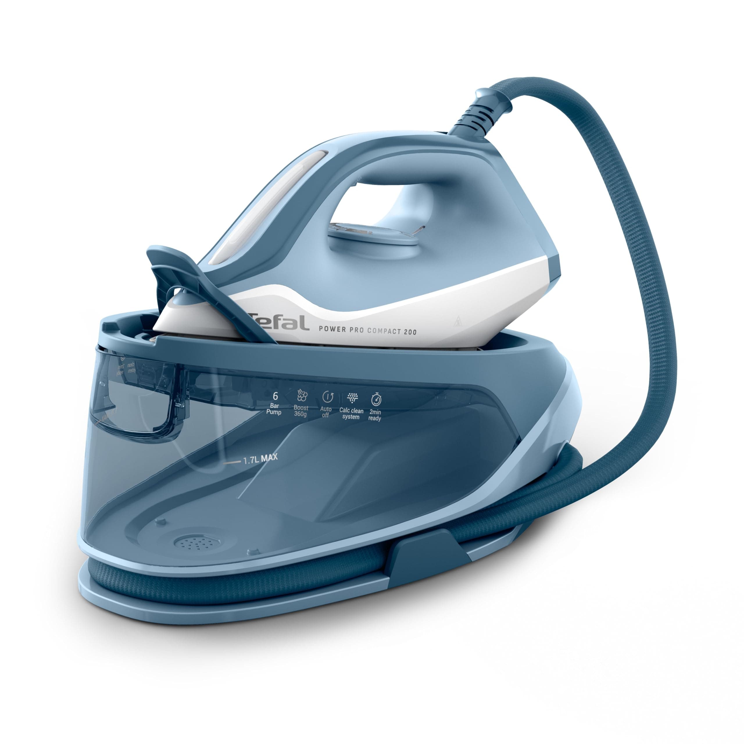 Tefal Power Pro Compact 200 Dampfbügelstation, 2400 W, leicht und kompakt | 120 g/min variabler Dampf, 360 g/min Dampfstoß, 1,7 L Wassertank, Keramikbügelsohle, Anti-Kalk, Blau/Weiß, SV6210E0 6 bar + 360 g/min Dampfstoß Angebot bei HelloDeals