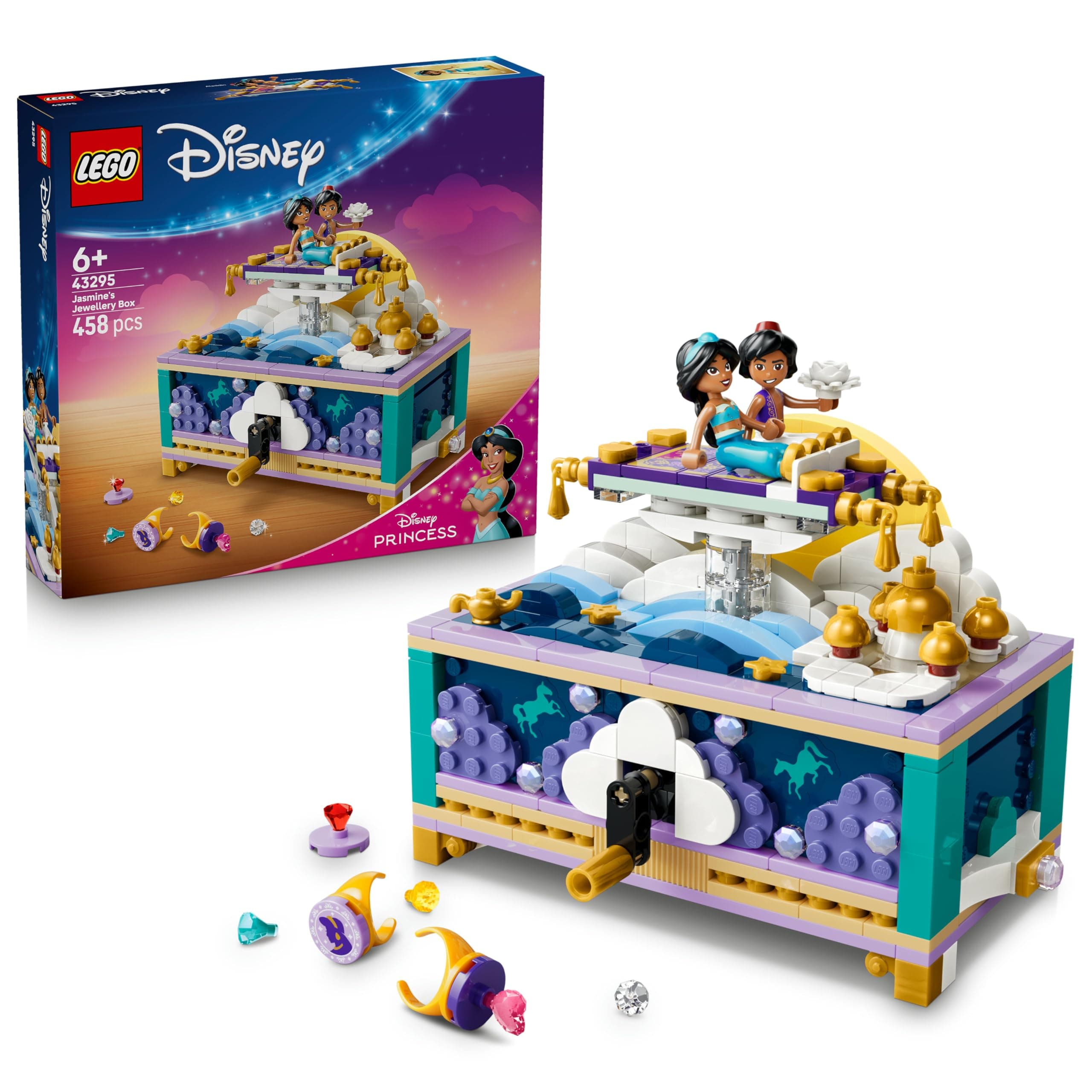 LEGO ǀ Disney Princess Jasmins Schmuckkästchen - Aladdin Set mit 2 Mini-Puppen, 2 Ringen und Dschinn Lampe - Zimmerdeko - Geschenk für Mädchen ab 6 Jahren und Fans - 43295 Angebot bei HelloDeals