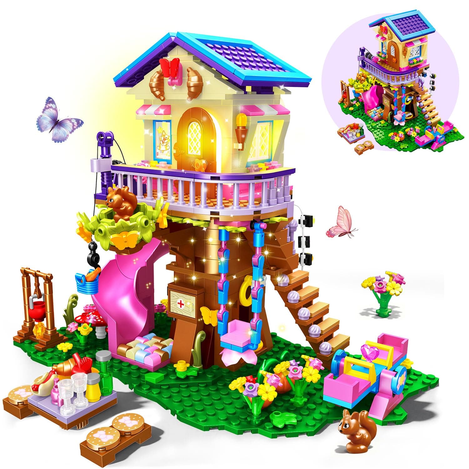 CUBIMANA Baumhaus-Bauspielzeug Set mit LED-Licht für Kinder ab 8 Jahren | 618PCS Waldhaus-Bauset mit Rutsche und tollem Zubehör, Geburtstagsgeschenk für Kinder Mädchen und Jungen Angebot bei HelloDeals