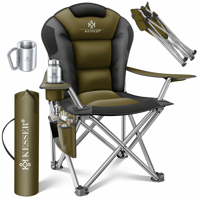 KESSER® Campingstuhl faltbar bis 150 kg Angelstuhl Faltstuhl Klappstuhl Gepolstert mit Armlehnen und Getränkehalter + Tasche mit hoher Rückenlehne, Strandstuhl, Klapphocker Khaki / Schwarz Angebot bei HelloDeals