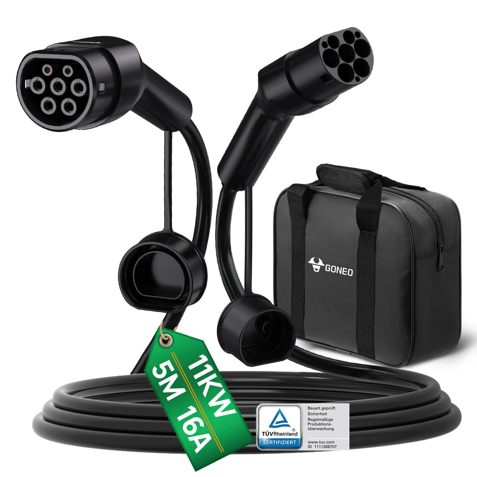 GONEO Typ 2 Ladekabel 11kW 5M 16A Ladekabel Elektroauto 3 Phasig für E Auto EV/PHEV Mode 3 mit Tasche Geeignet für Model S/3/X/Y e-Golf ID.3 i3/i8 | TÜV- & UKCA-zertifiziert IP54 geschützt UL94 V-0 flammhemmend Kompatibel mit BEV & PHEV Inklusive Tragetas Angebot bei HelloDeals
