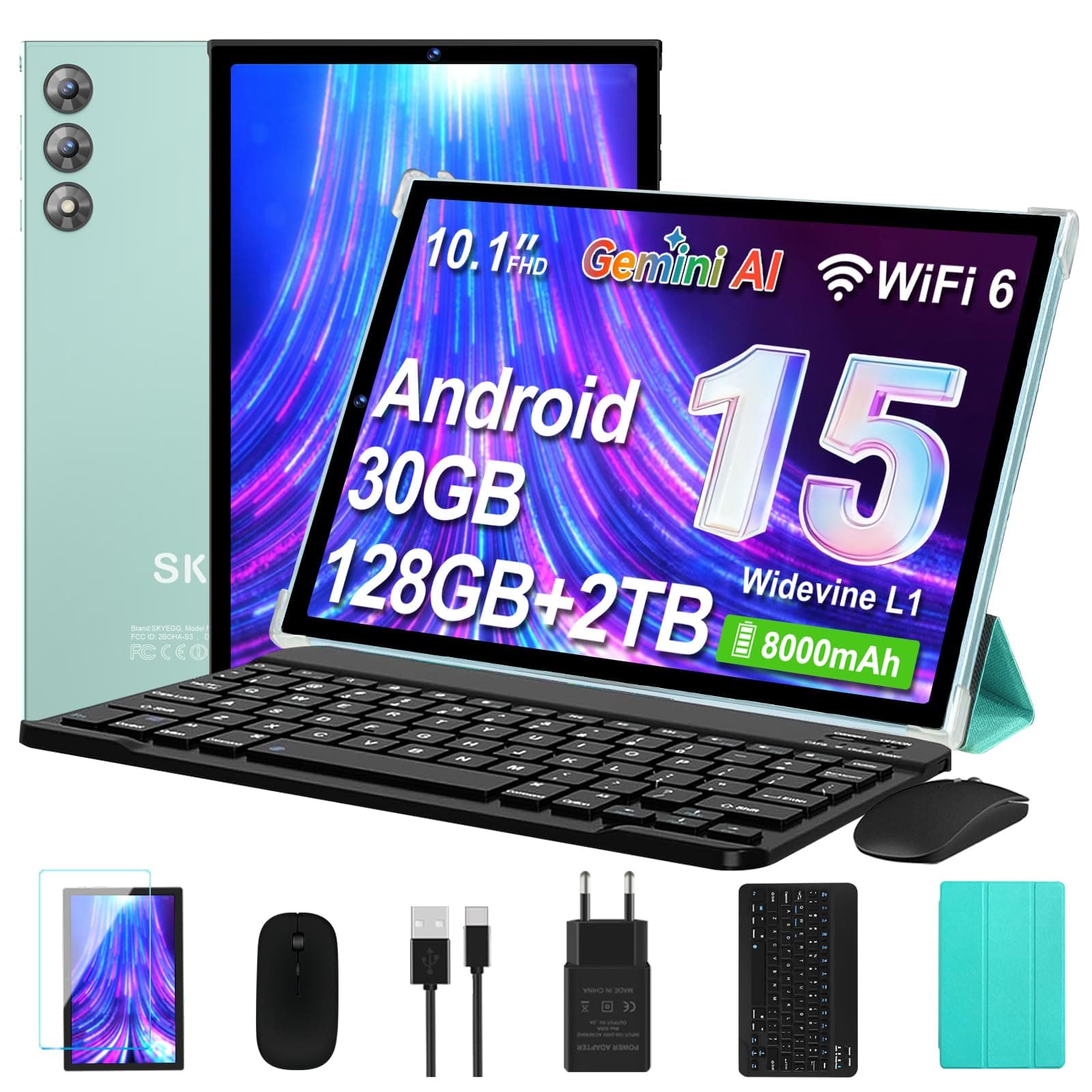Tablet 10 Zoll mit Tastatur und Maus, Android 15 mit Gemini AI, 30 GB RAM + 128 GB ROM, Erweiterbar auf 2 TB, Octa-Core Prozessor, WLAN 6, Widevine L1, 8000 mAh Akku, Metallgehäuse, Blaugrün Angebot bei HelloDeals