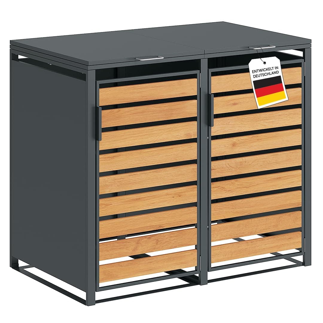 STEELSØN Kestra Mülltonnenbox, 2er bis 120 L, mit Sichtstreifen Holzoptik | Mülltonnenverkleidung aus Stahl in Anthrazit, hochwertiger Müllcontainer für 2 Tonnen, Müllbox, Gerätebox wetterfest 2 Türen Angebot bei HelloDeals