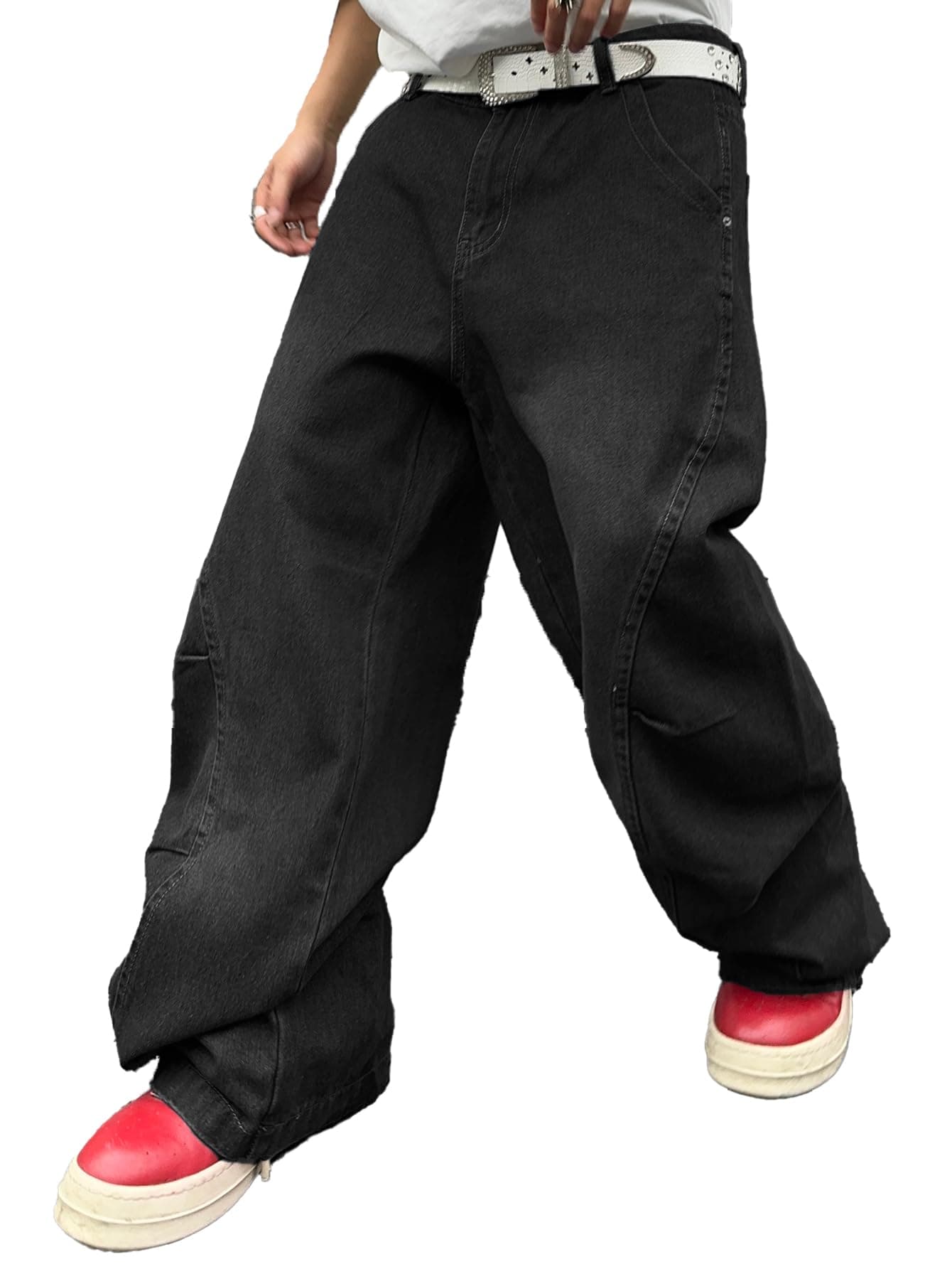 Herren Baggy Jeans mit unregelmäßigen Nähten lässige Mode Y2K Hip Hop Wide Leg Denim-Hosen Streetwear A Schwarz XXL Angebot bei HelloDeals