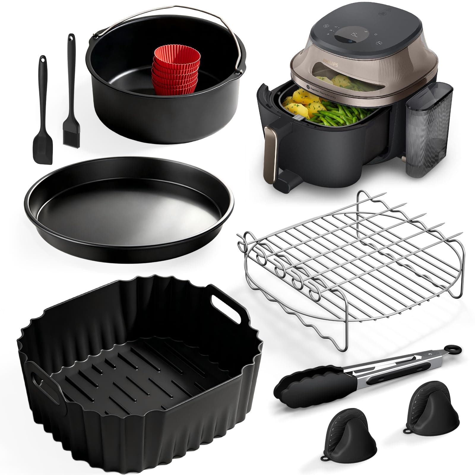 Heißluftfritteuse Zubehör für Philips Steam Airfryer 5000 Series 7.2 L | Airfryer Silikonform Zubehör Set, Wiederverwendbar Auflaufform Einsatz, Für Philips SteamFry NA540/00, NA547/07, 7,2 L 7.2l/Zubehör Set - Schwarz Für Steam Airfryer 7.2L mit Sichtfen Angebot bei HelloDeals