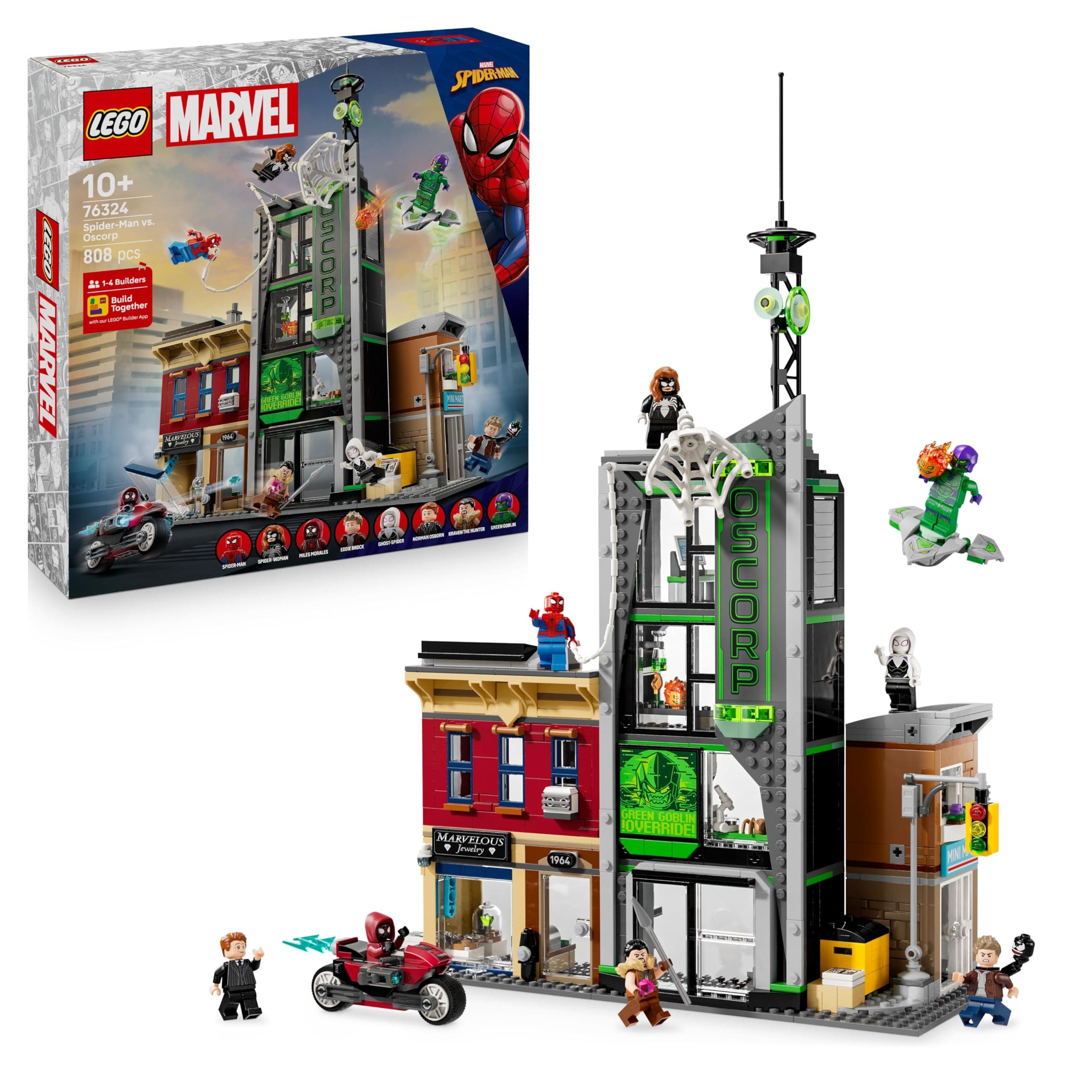 LEGO ǀ Marvel Spider-Man vs. Oscorp - Bauset zum Sammeln für Kinder mit 8 Minifiguren, darunter auch Spider-Woman, Miles Morales, Ghost Spider und Green Goblin - Geschenk ab 10 Jahren - 76324 Angebot bei HelloDeals