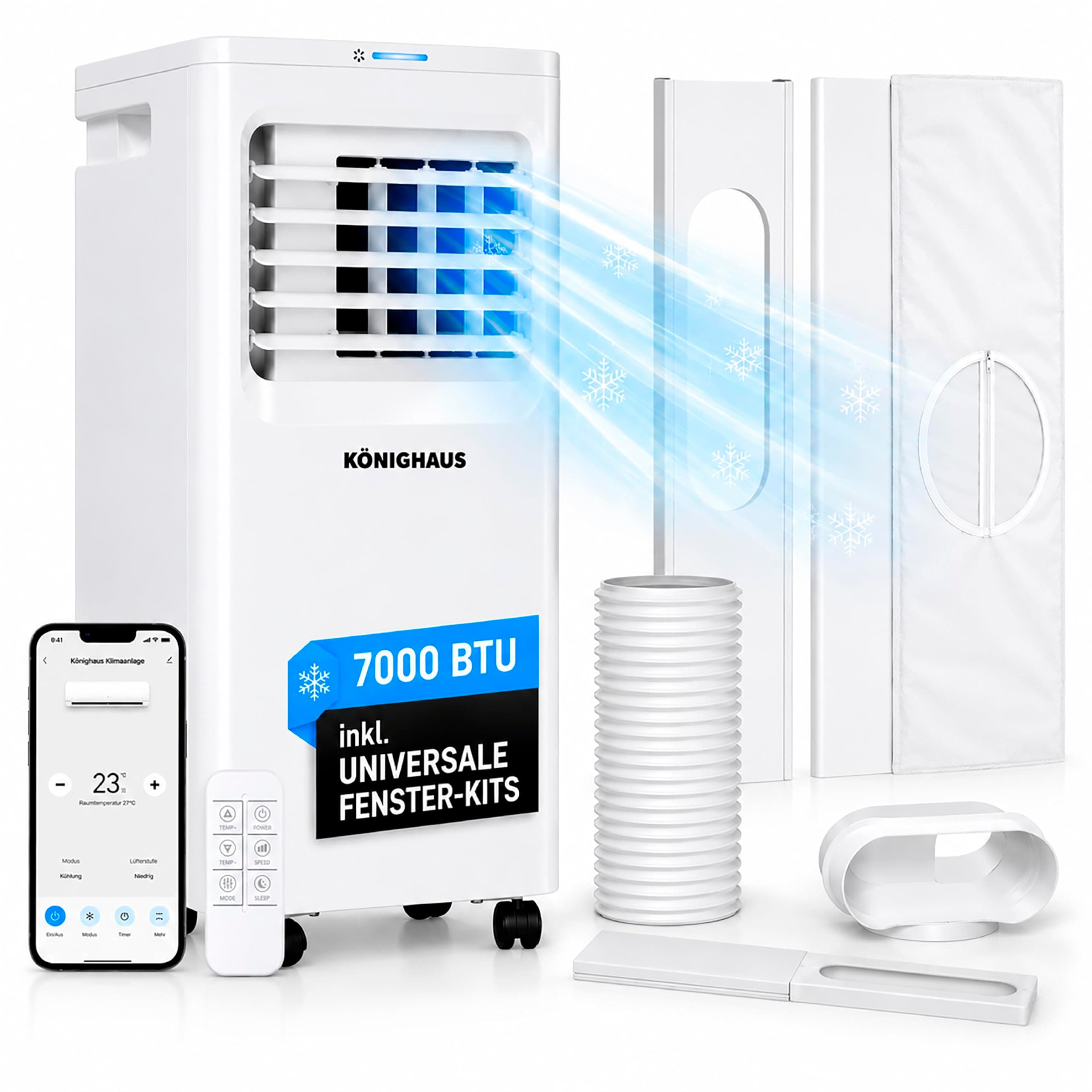 Könighaus Smarte EU Mobile Klimaanlage 7000 BTU – für deutsche Kippfenster geeignet - Kühlung, Entfeuchtung, Ventilator und Luftreinigung – energieeffizient (A) – inkl. Fernbedienung und App 07k - ca. 20 m² Angebot bei HelloDeals