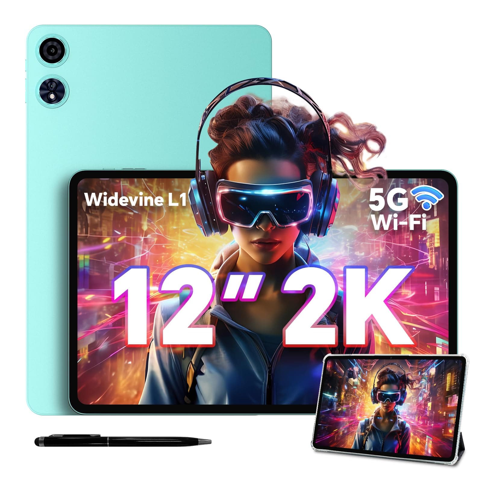 ODEA Tablet 12 Zoll 2K Display Android Tablets mit Stift und Hülle, 8000mAh | 128GB ROM((bis 2TB TF), CPU T7200, Widevine L1, GPS, 5GHz WLAN, BT5.0, 13MP+8MP Tablet Unterstützung Gemini AI, Blaugrün Angebot bei HelloDeals