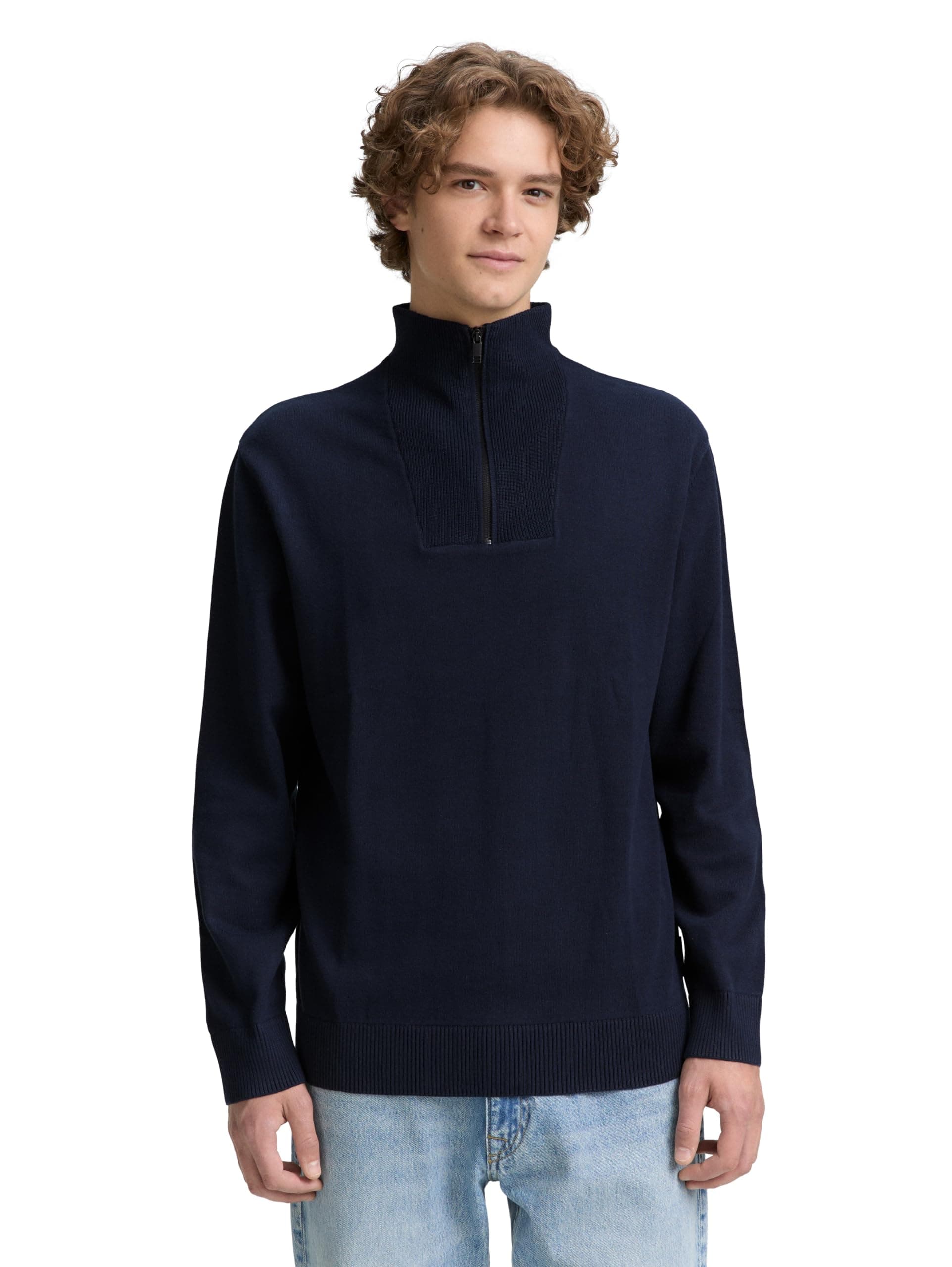 Tom Tailor Denim Herren 1047962 Troyer Strickpullover aus Baumwolle S 10668 - Sky Captain Blue Angebot bei HelloDeals
