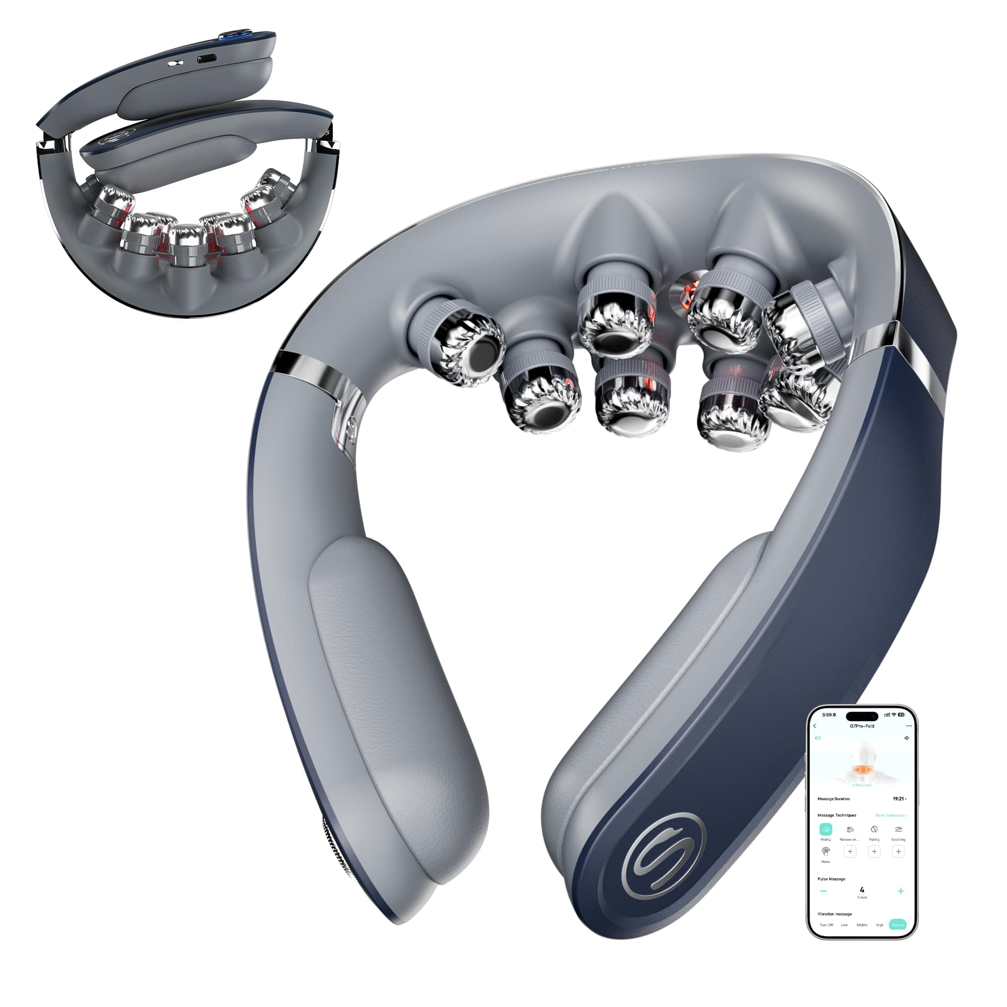 SKG® Das Original Faltbare Nackenmassagegerät, Wärme, Kabellos, G7 Pro Fold | Elektrisches Massagegerät mit App Puls- und Vibrationsmassage Nacken Tragbar für Zuhause & Büro Geschenk für Männer Frauen Grau Angebot bei HelloDeals