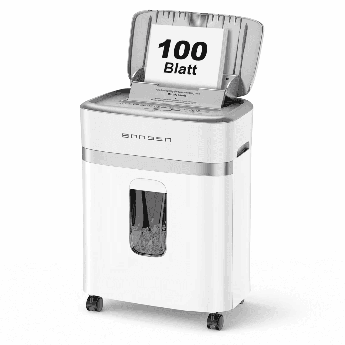BONSEN Aktenvernichter mit 100 Blatt Auto-Feed, P-4 Mikroschnitt Schredder | leiser ≤60dB mit 30 Min. Dauerbetrieb für Büro und Homeoffice, S9201 100sheets+White-Silver Angebot bei HelloDeals