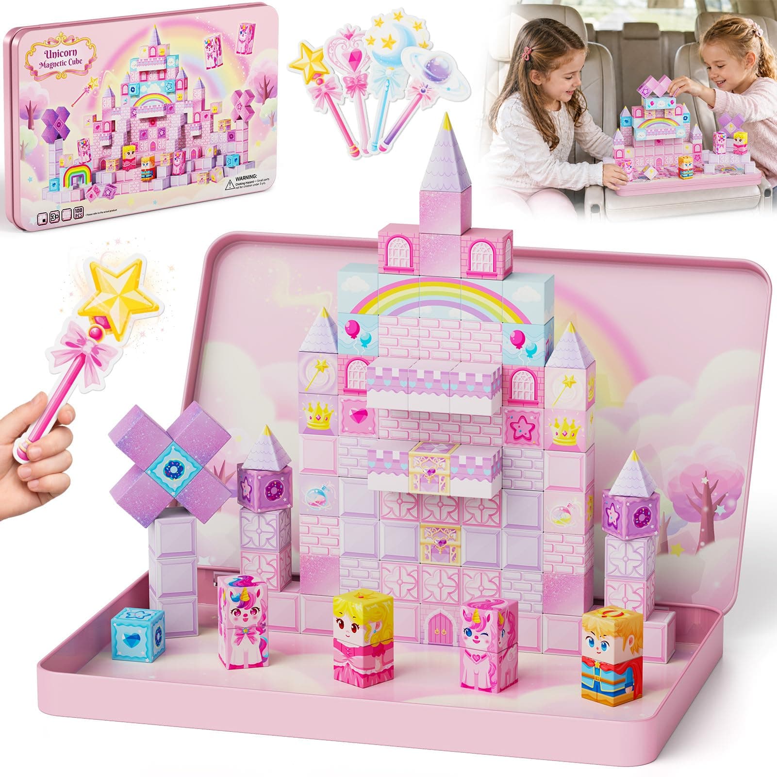 burgkidz Magnetische Bausteine Einhorn Reiseset: 100 Teile für Mädchen | Magnetspielzeug mit Metalldose als Bauplatte – 1 Stunde Ruhe für 1–3 Kinder - Reisegeschenk für Auto/Flug/Zug ab 3 Jahren Angebot bei HelloDeals