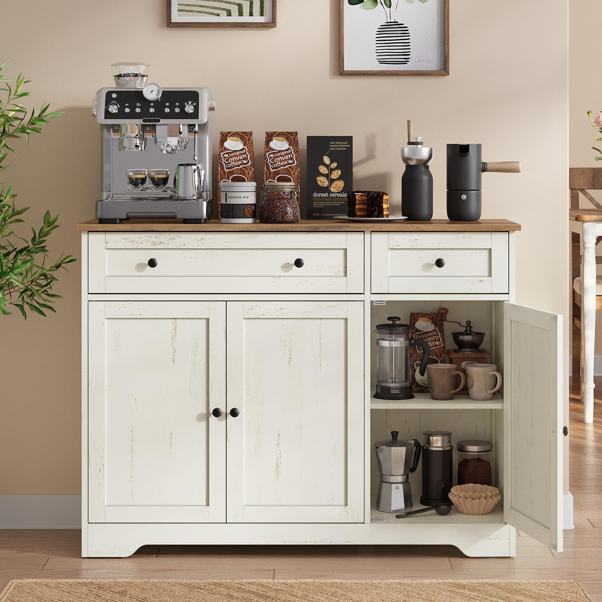 VASAGLE Aufbewahrungsschrank, 2 Schubladen, 3 Türen, verstellbare Ablagen | Küchenschrank im Landhausstil, Sideboard, Kaffeebar, 106,8 x 40 x 80 cm, Rustikales Weiss, SIREN Kollektion LSC531WJ01 3 Türen(106,8B cm) Angebot bei HelloDeals