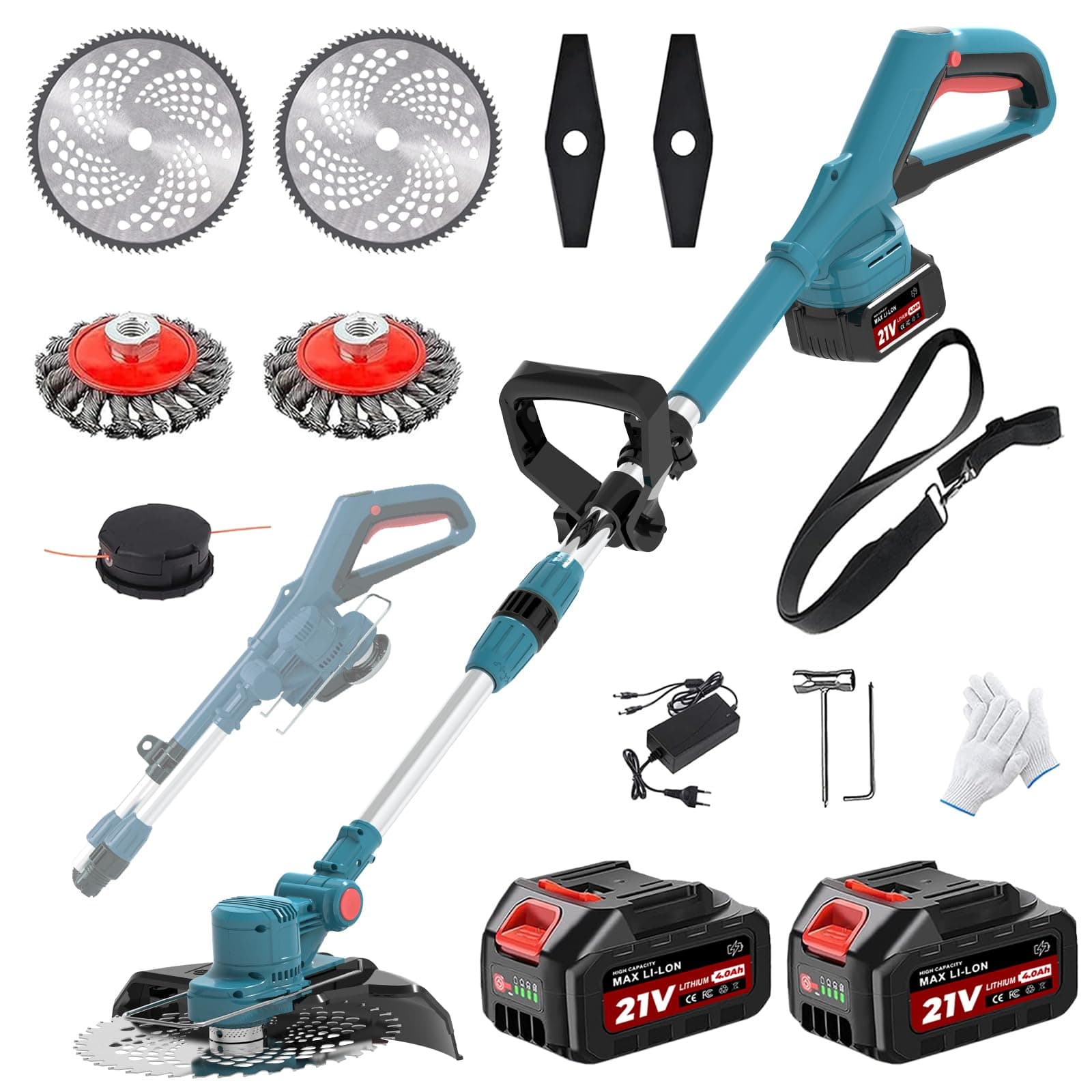 Rasentrimmer für Makita-Akkus mit 4 Klingentypen, Rasentrimmer mit Akku 2 4,0Ah und Unkrautbürste, 4-in-1 Akku Freischneider-Rasenkantenschneider für Garten Trimming, 180° Faltbar, 90° Trimmwinkel Blau Angebot bei HelloDeals