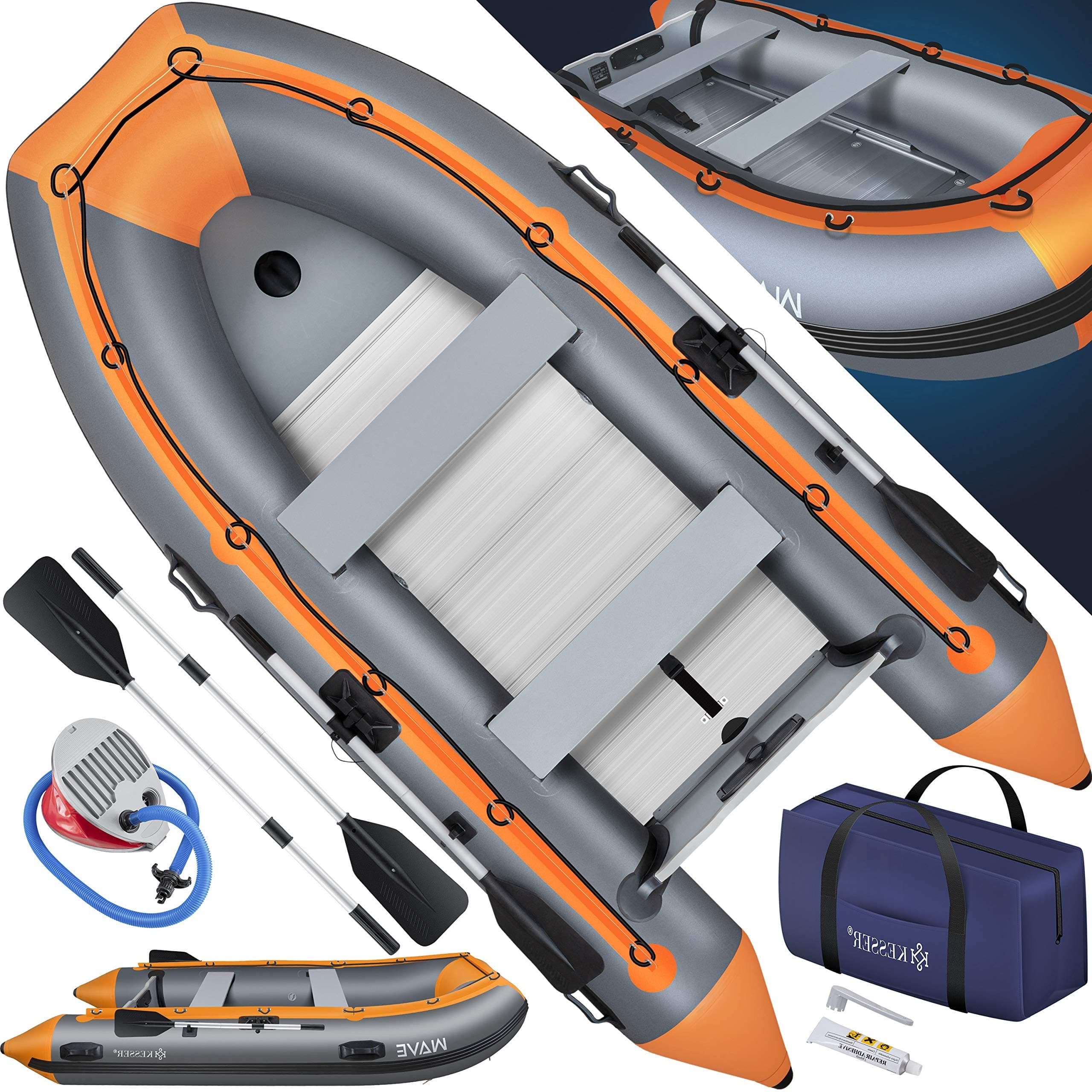 KESSER® Schlauchboot Wave 230-380 cm Set 6-teilig aufblasbar – Boot + Bank, Luftpumpe, Paddel, Reparaturset, Tasche, Angelboot, Paddelboot klein und groß - Motorkombi möglich, Salzwasser geeignet Grau / Orange 3,20m Angebot bei HelloDeals