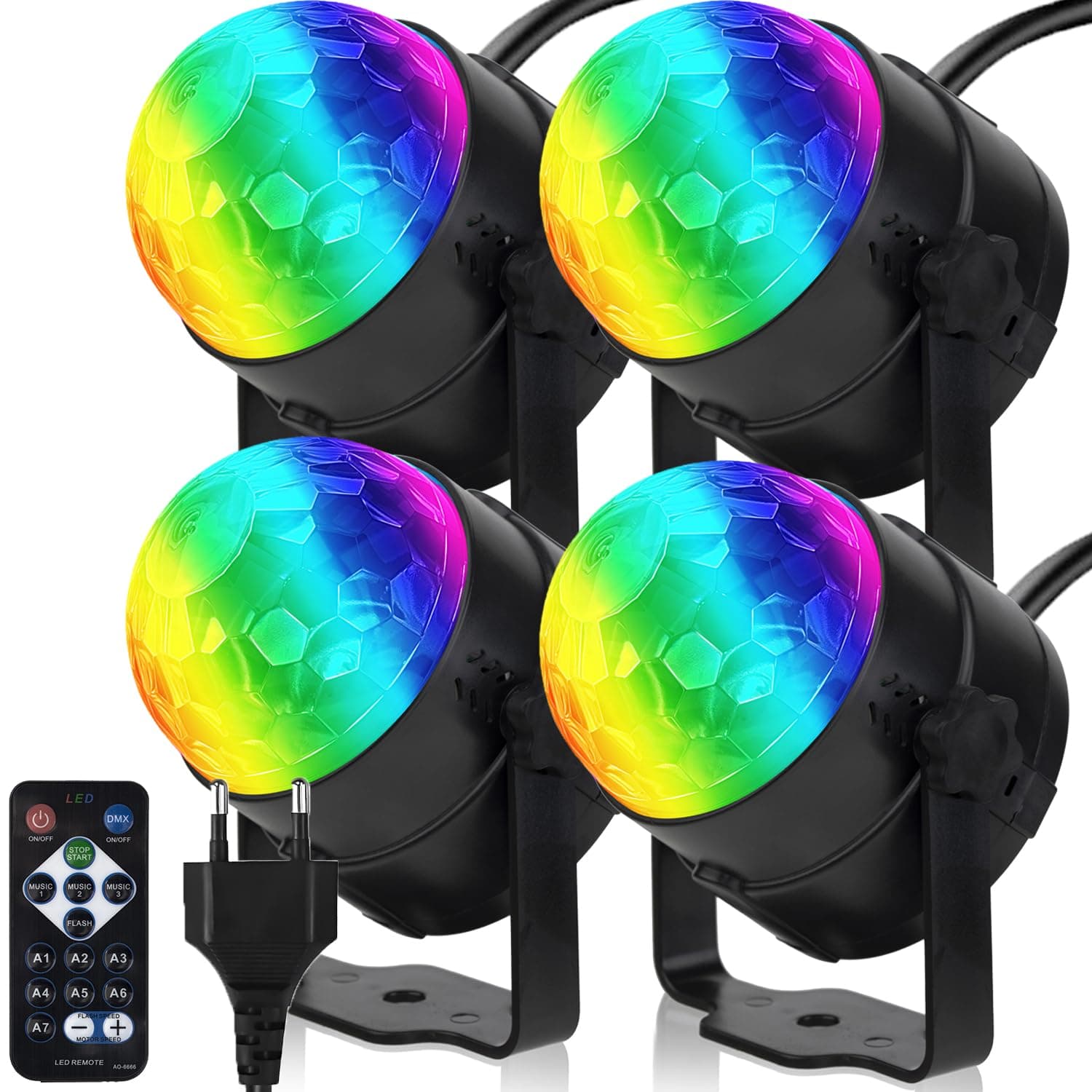 4er-Pack Discokugel Partylicht mit Fernbedienung, 4 m Netzkabel, Europäischer Stecker, musikgesteuert, tragbar für draußen und drinnen, DJ Licht, Party Gadgets, Discolicht 4er-Pack 4 Angebot bei HelloDeals