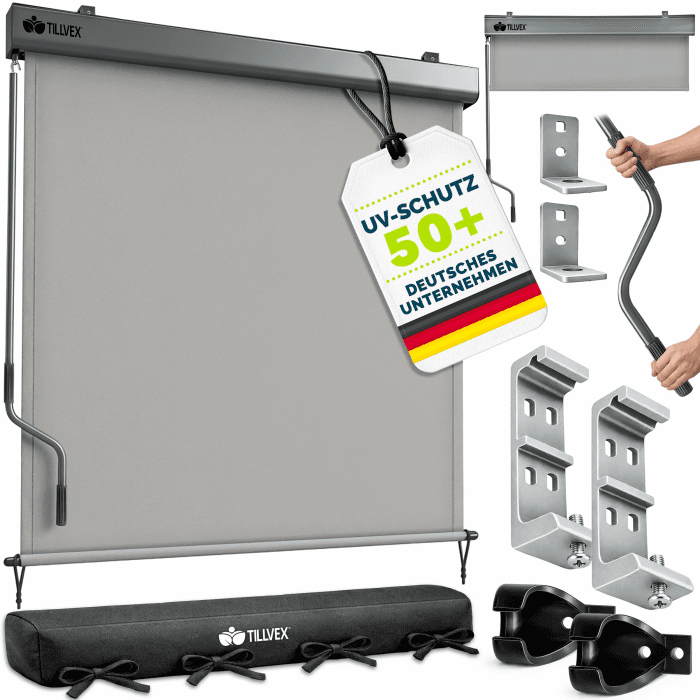 tillvex® Senkrechtmarkise 200 x 250 cm für Innen & Außen mit Regencover | Außenrollo wasserfest mit Handkurbel für Balkon, Terrasse & Garten | Balkonrollo Sonnenschutz Markise Sichtschutz Aluminium 200 x 250 cm Grau Angebot bei HelloDeals