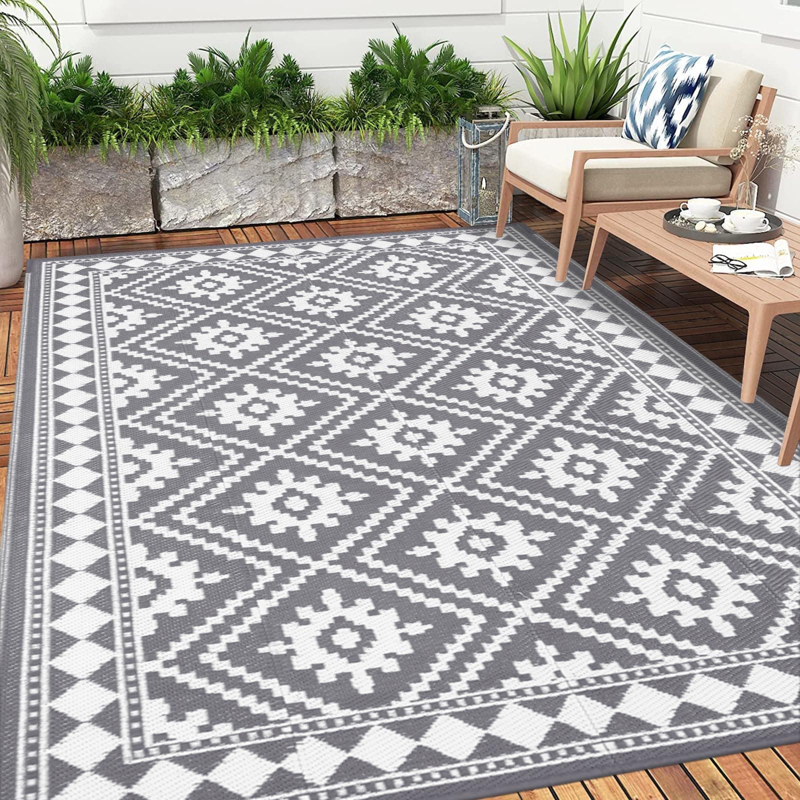 Enyhom Groß Außenteppich 180 x 270 cm, Robuster Flachgewebe Kunststoff Picknickdecke, Wendbarer UV-beständige Campingmatte, Wasserdicht Farbecht Balkonteppich für Outdoor RV Camping, Grau Grau-1 180 x 270 cm Angebot bei HelloDeals
