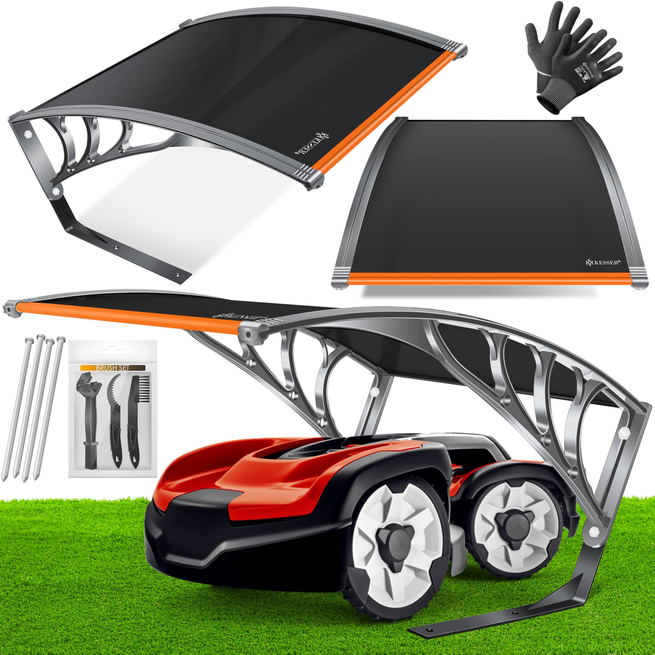 KESSER® Mähroboter Garage Dach Carport Überdachung für Rasenmäher Rasenroboter Automower Garten Witterungsbeständig Mährobotergarage inkl. Handschuhe & Brushset, Maße 82x103x47cm, Schwarz/Orange Orange / Schwarz Angebot bei HelloDeals