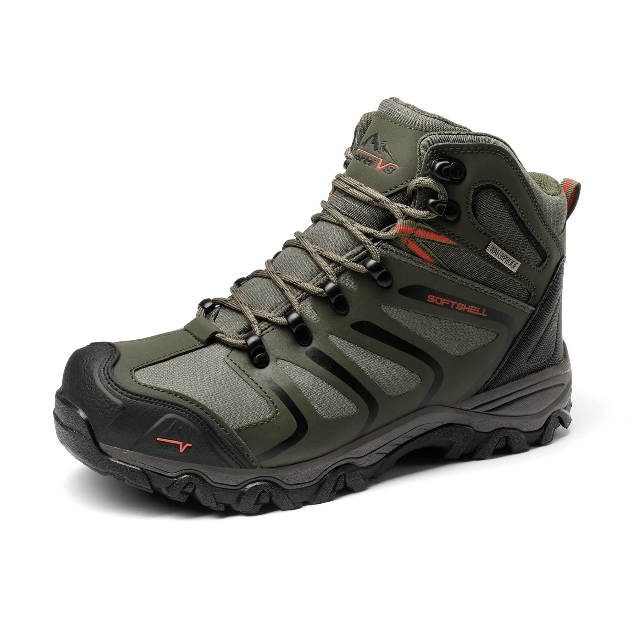 NORTIV 8 Herren Wanderschuhe Armadillo | Rutschfest Langlebig Knöchelhohe Wasserdichte Herausnehmbare stoßdämpfende gepolsterte Einlegesohlen leichte Outdoorschuhe 45 EU Olive Schwarz Orange Angebot bei HelloDeals