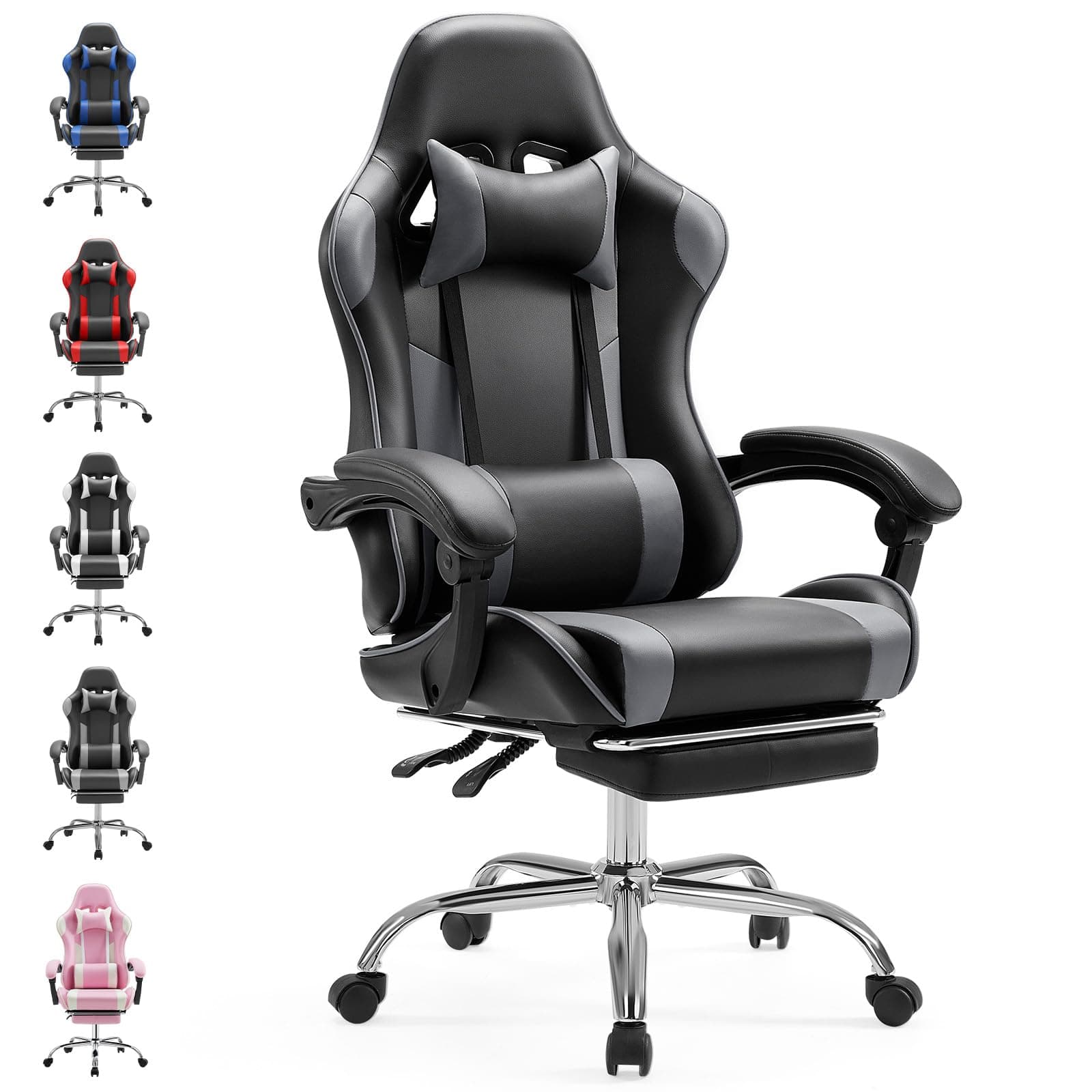 Sweetcrispy Gaming Stuhl,Ergonomischer Bürostuhl mit Fußstütze,Gamer PC Stühle mit Kopfstütze Lendenkissen,90-150° einstellbar Gaming Chair,Leder Drehbar Schreibtischstuhl Computerstuhl,Grau | Bürostuhl mit Fußstütze, Kopfstütze Lendenkissen, 90-150° eins Angebot bei HelloDeals