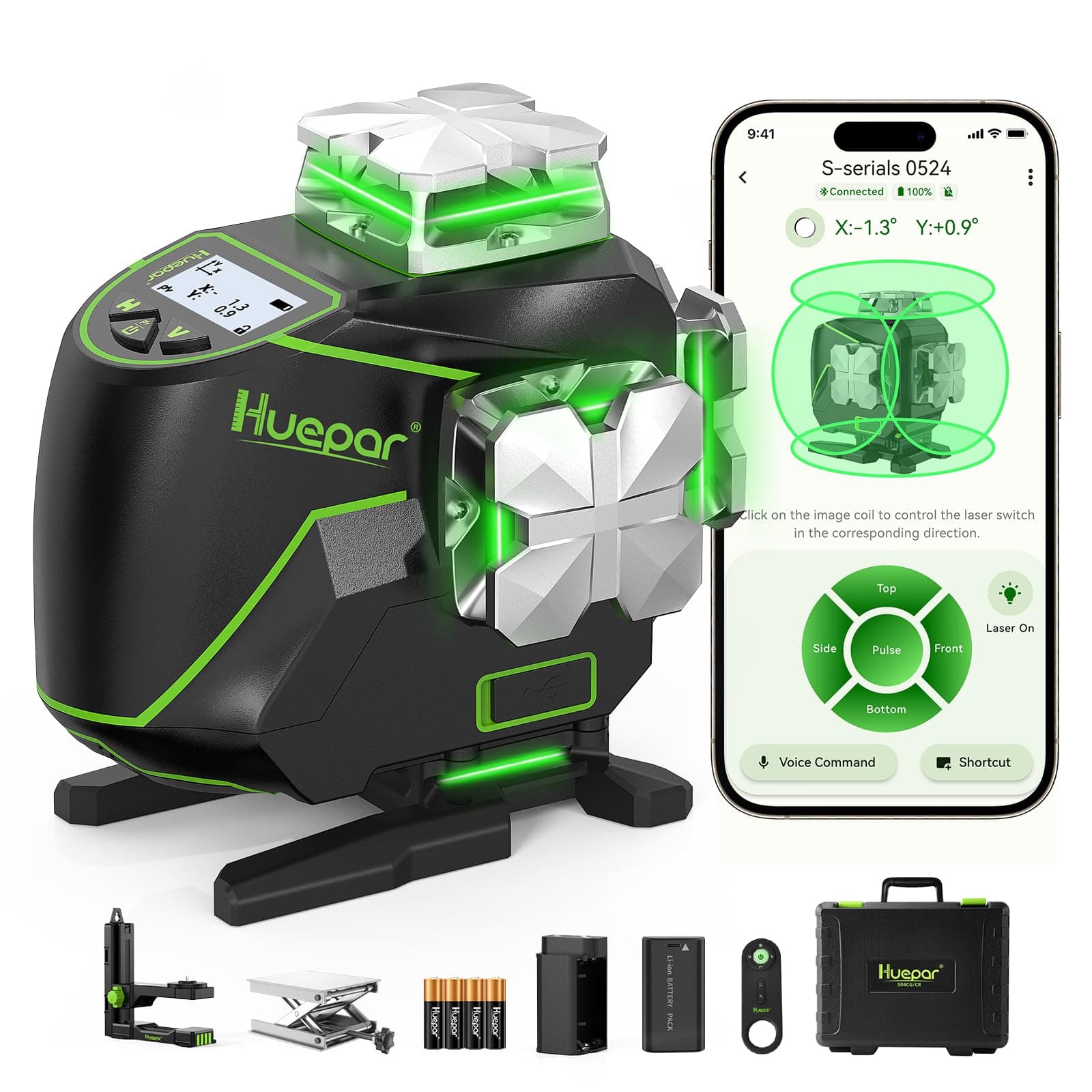 Huepar 16 Linien-selbstnivellierendes Laserniveau mit LCD 4 x 360°, S04CG-C | LCD-Bildschirm, 4D Bluetooth Grüner Strahl Laserwerkzeug 360° Horizontal / Vertikal Laser -Fernbedienung, Hartschalenkoffer Angebot bei HelloDeals