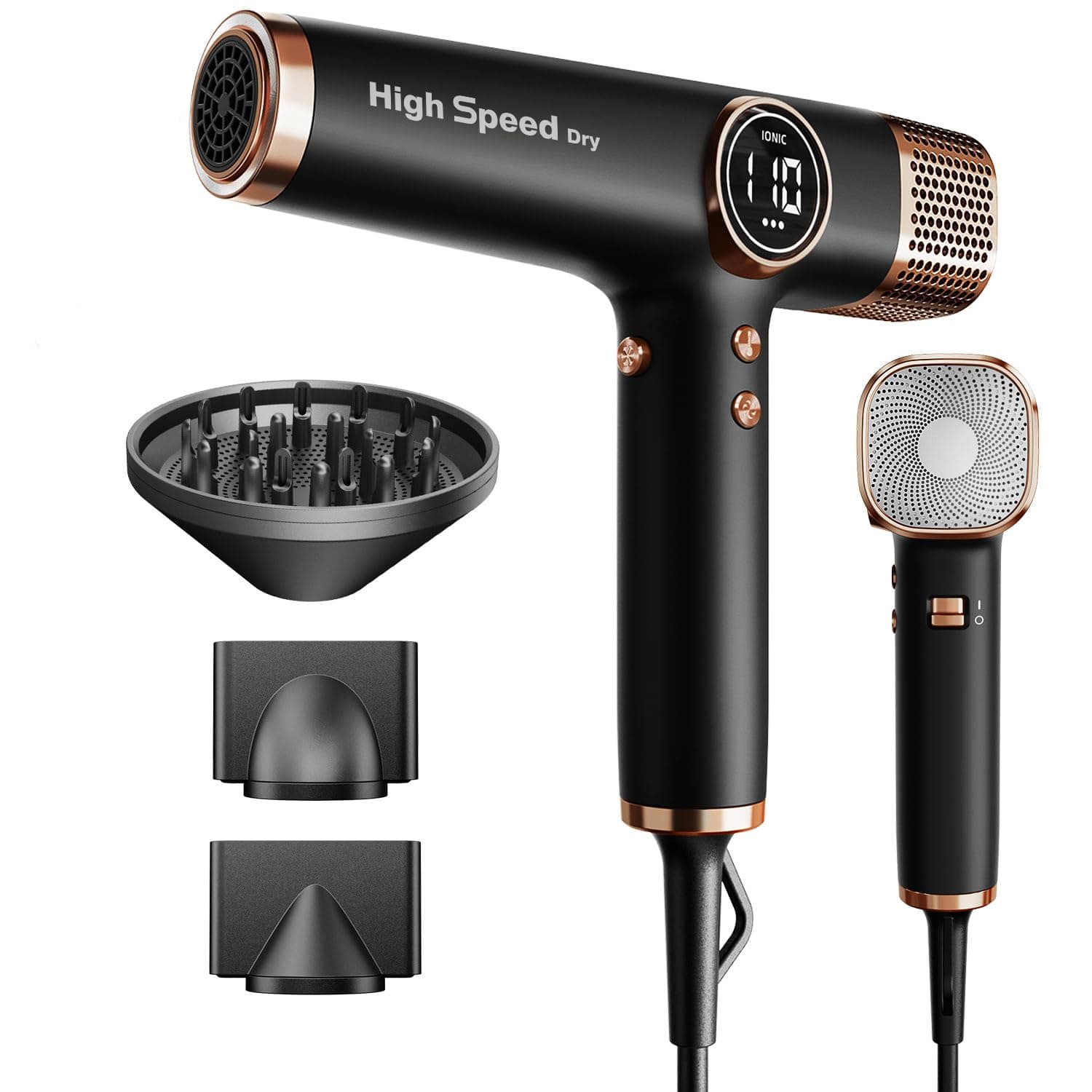 Faszin Föhn Haartrockner mit Ionen-Technologie, 110.000 RPM Brushless Motor, Schnelltrocknung, Leiser Betrieb, LED Display, 3 Drehbare Magnet-Aufsätze für Haushalt & Salon (Tiefschwarz) Angebot bei HelloDeals