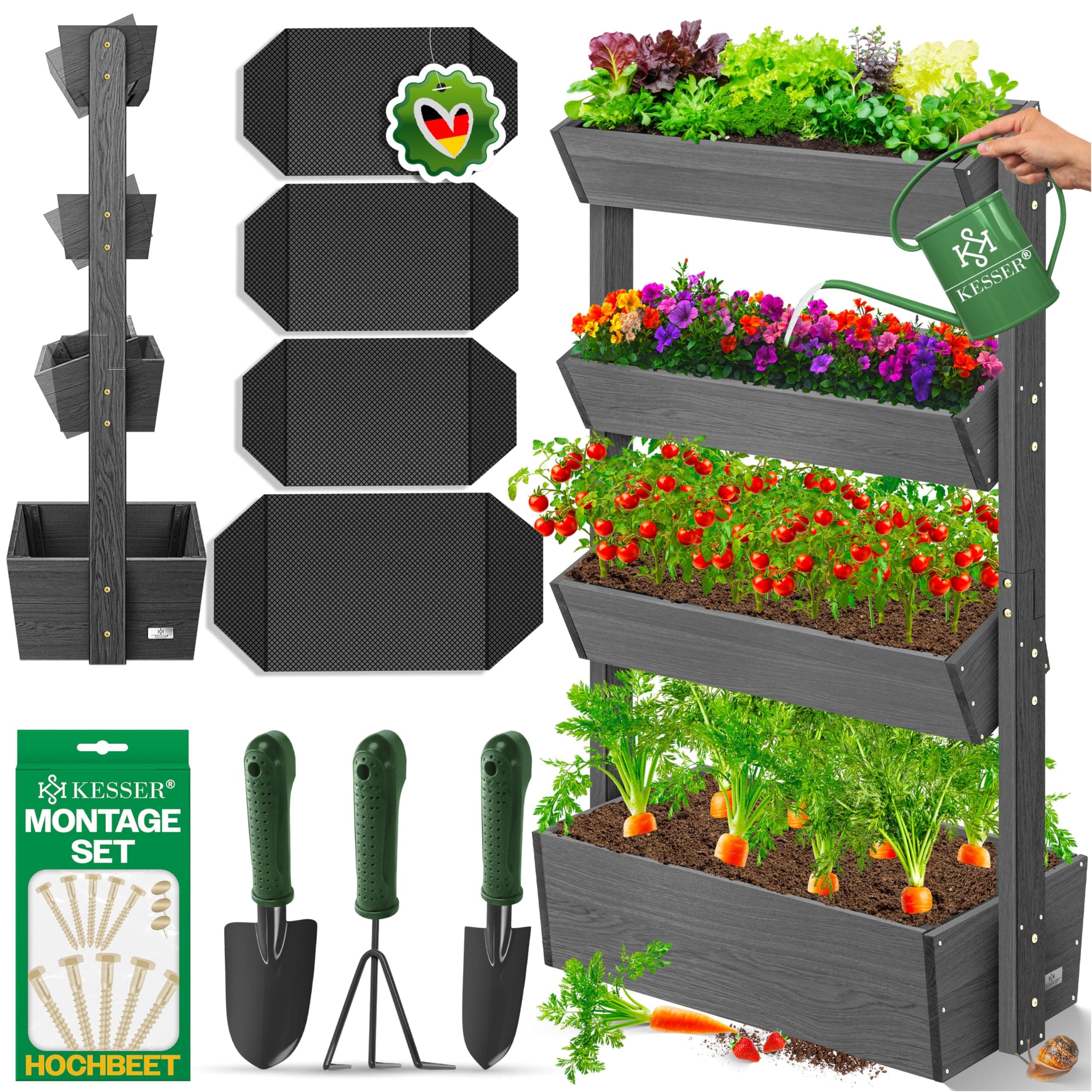 KESSER® Hochbeet mit 4 Etagen Premium Blumenkasten Blumentreppe Pflanztreppe Gemüsebeet Kräuterbeet Pflanzkübel Frühbeet Blumenbeet Pflanzkasten mit Gartenvlies - Beet inkl. Schaufelset, Anthrazit 4 Etagen Anthrazit Angebot bei HelloDeals