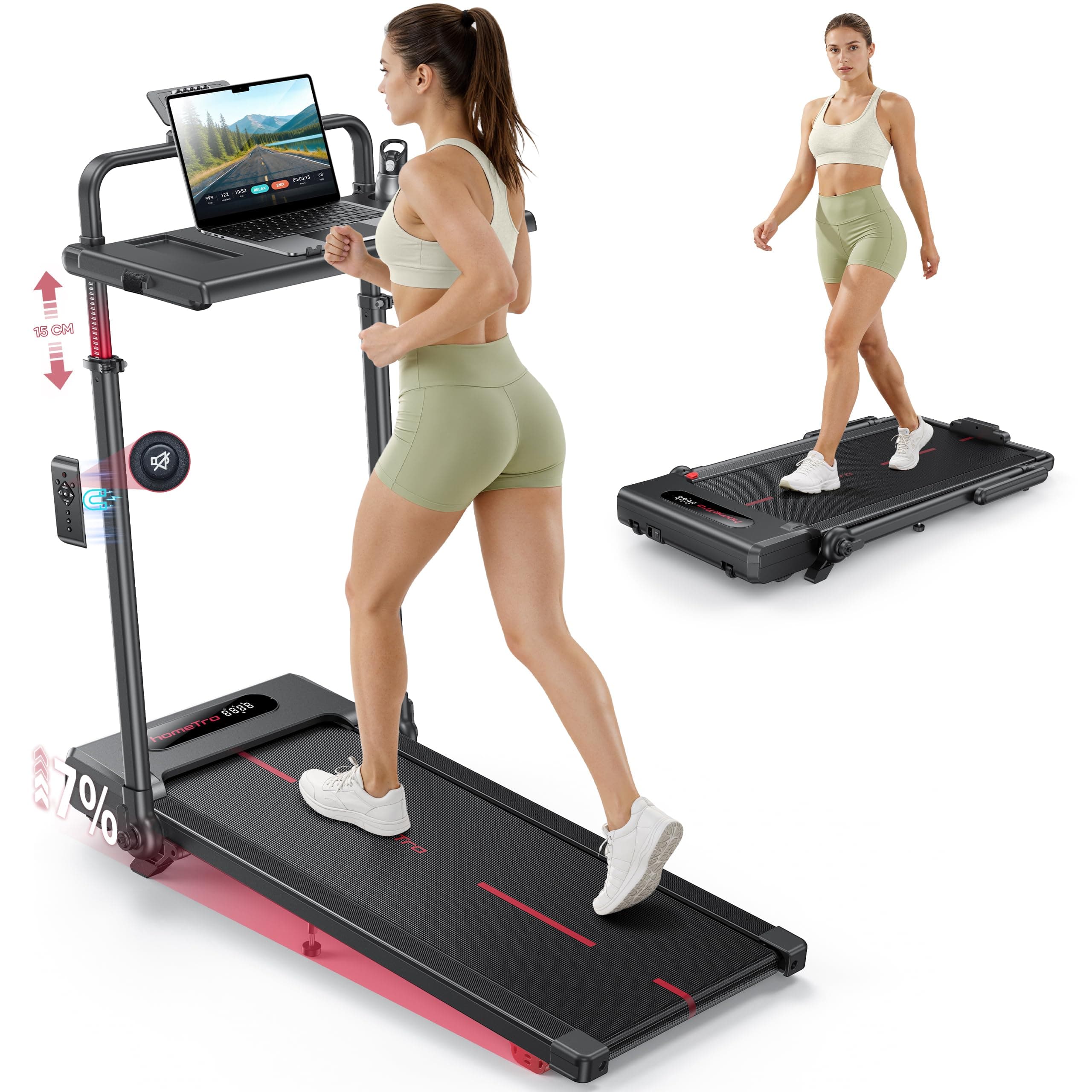 Laufband für Zuhause Klappbar mit 7% Steigung, All-in-1 Walking Pad bis 12 km/h mit 3,0 PS Leisem Motor, Höhenverstellung bis 150mm & Abnehmbarem Schreibtisch, APP und Fernbedienung Rot-Schwarz Angebot bei HelloDeals