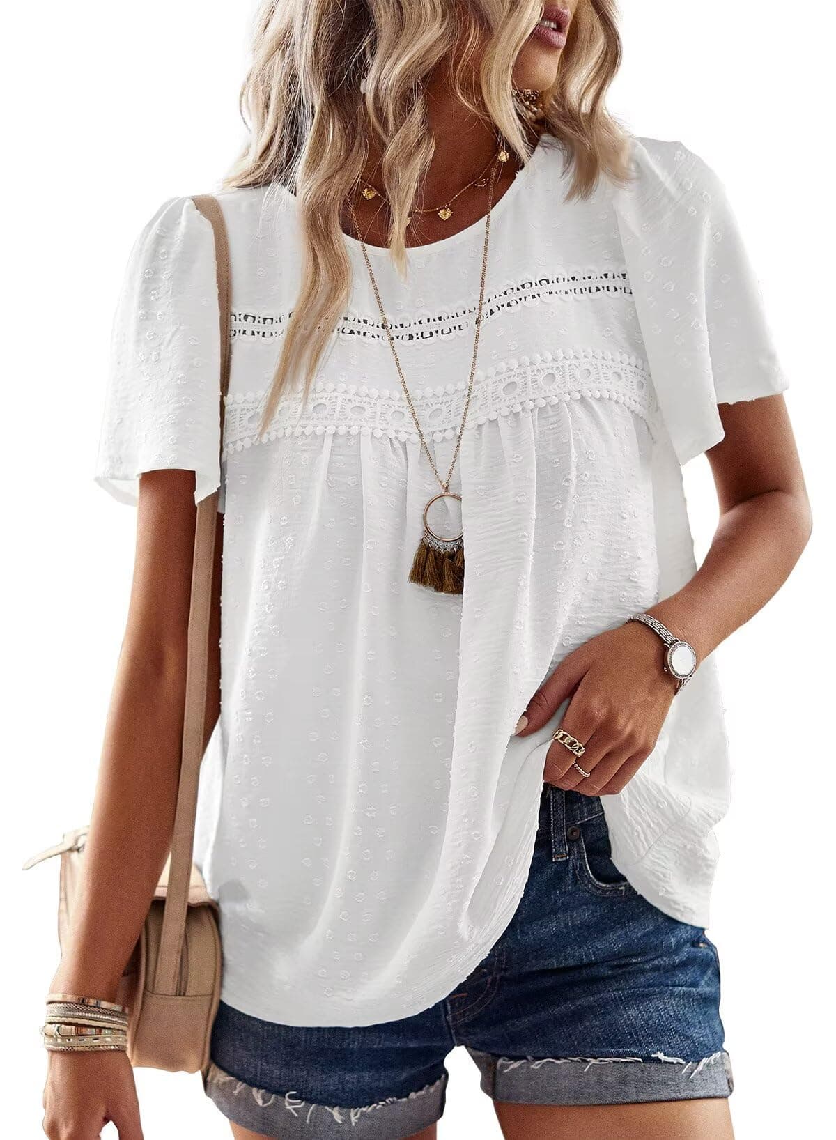 Top Damen Sommer Boho Bluse Kurzarm Oberteile Elegant Rundhals | Swiss Dot T Shirt, Süß Casual Tunika, Lässig Fließend Outfits, Spitze Herbst Kleidung, für Büro und Alltag, Ausgehen Vintage Weiß 3XL Angebot bei HelloDeals