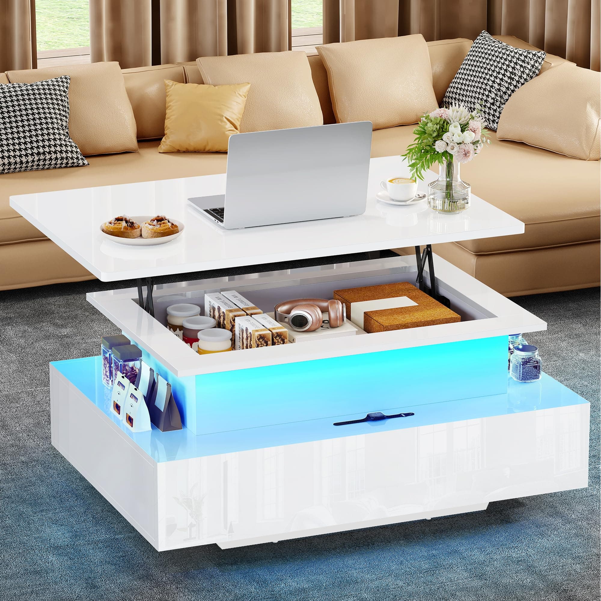 YITAHOME Couchtisch Höhenverstellbar, Wohnzimmertisch Hochglanz mit Hebeplatte,Couch Tisch Wohnzimmer mit 16-Farbiger LED Modern and 2 Schubladen Weiß Angebot bei HelloDeals