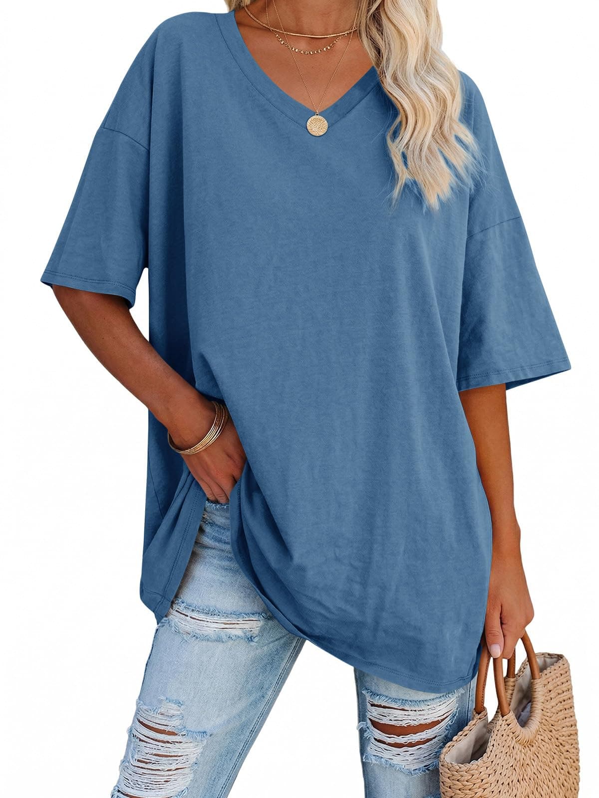 Ebifin Damen T Shirt Oversize Oberteile V-Ausschnitt XL Grau-blau Angebot bei HelloDeals