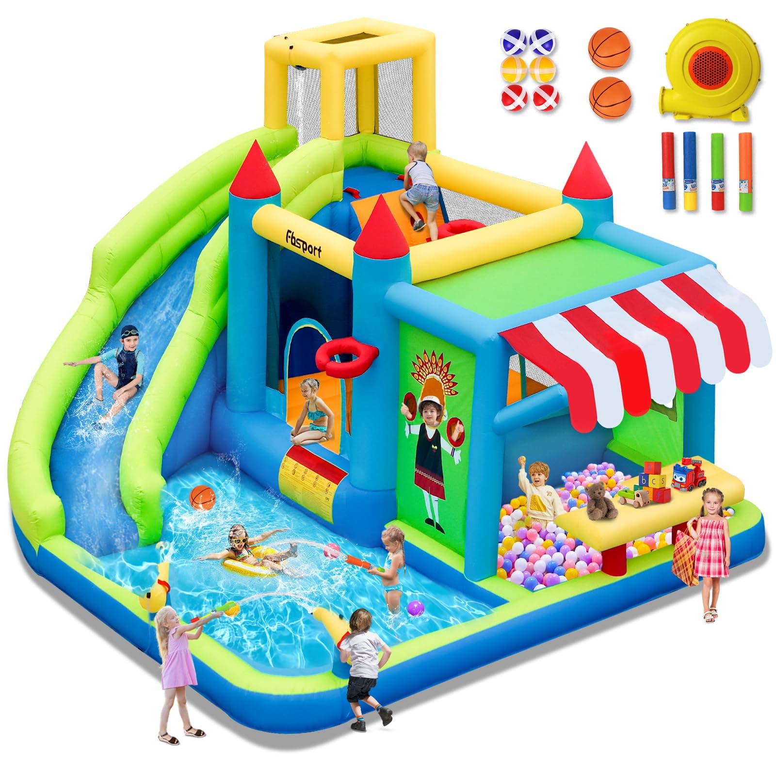 FBSPORT hüpfburg Outdoor mit gebläse hüpfburgen Kinder aufblasbare hüpfburg draußen XXL Outdoor für Erwachsene groß hüpfburg mit rutsche geeignet für Kinder Cyan 424 x 388 x 238 CM Angebot bei HelloDeals