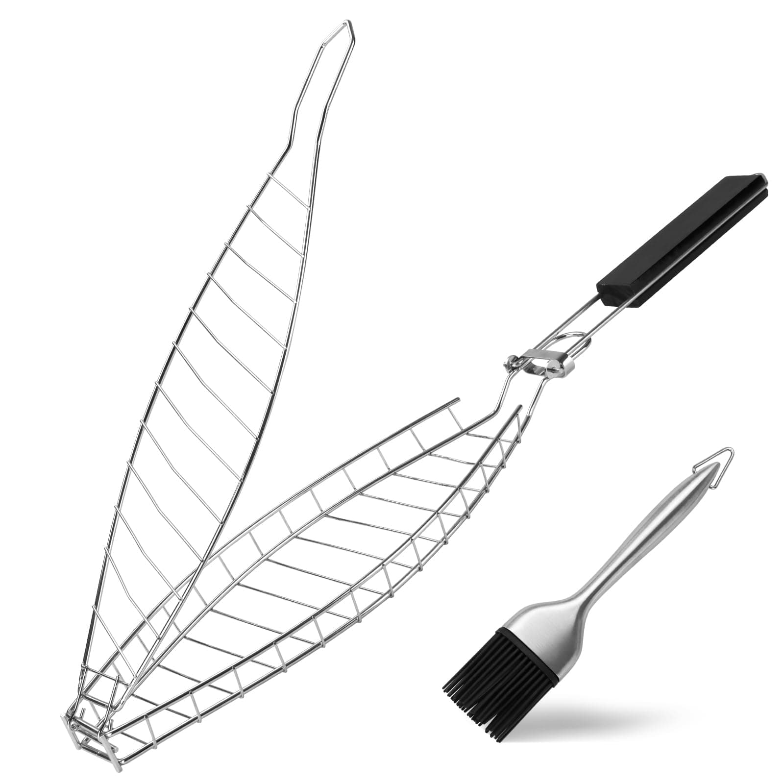 Fisch Grillhalter mit Ölbürste, Fischzange zum Grillen, Fischgrillgitter aus Edelstahl mit Abnehmbarem Griff für Grillfische, Steak, Fischfilets Angebot bei HelloDeals