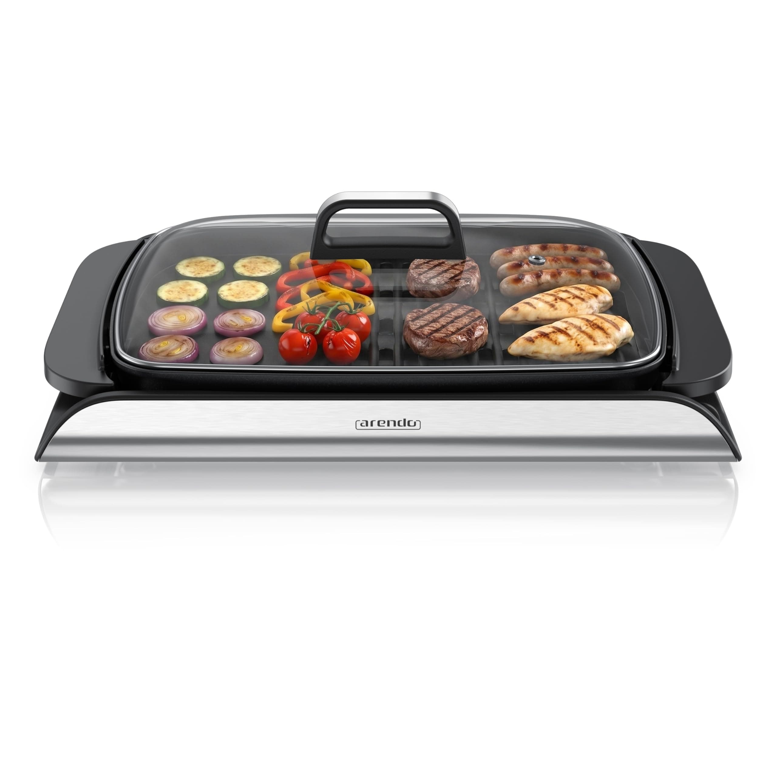 Arendo - Tischgrill Elektrogrill Edelstahl - mit Glasdeckel – extrastark 2000 Watt - Steaks, Würstchen, Fisch, Meeresfrüchte, Gemüse, Pilze u.v.m. - für Balkon, Garten, Indoor - Antihaftbeschichtung Angebot bei HelloDeals