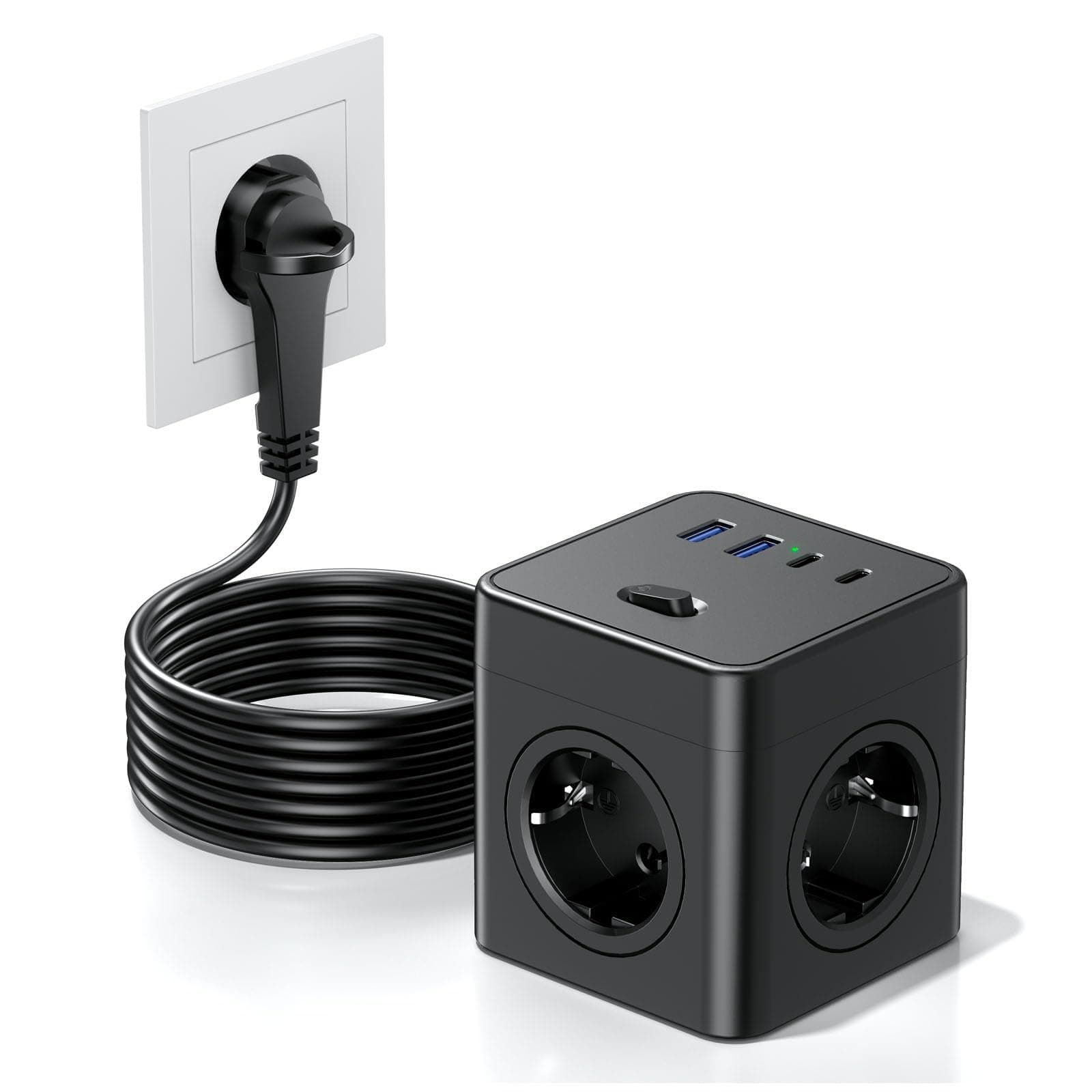 Steckdosenwürfel mit USB, 8 in 1 Steckdosenleiste Flachstecker mit Schaltbar,4 Fach Steckdosenleiste mit 2 USB-A&2 USB-C,Mehrfachsteckdose Power Cube mit Zugring,1.5M Kabel für Zuhause/Büro, Schwarz 1.5M Schwarz Angebot bei HelloDeals