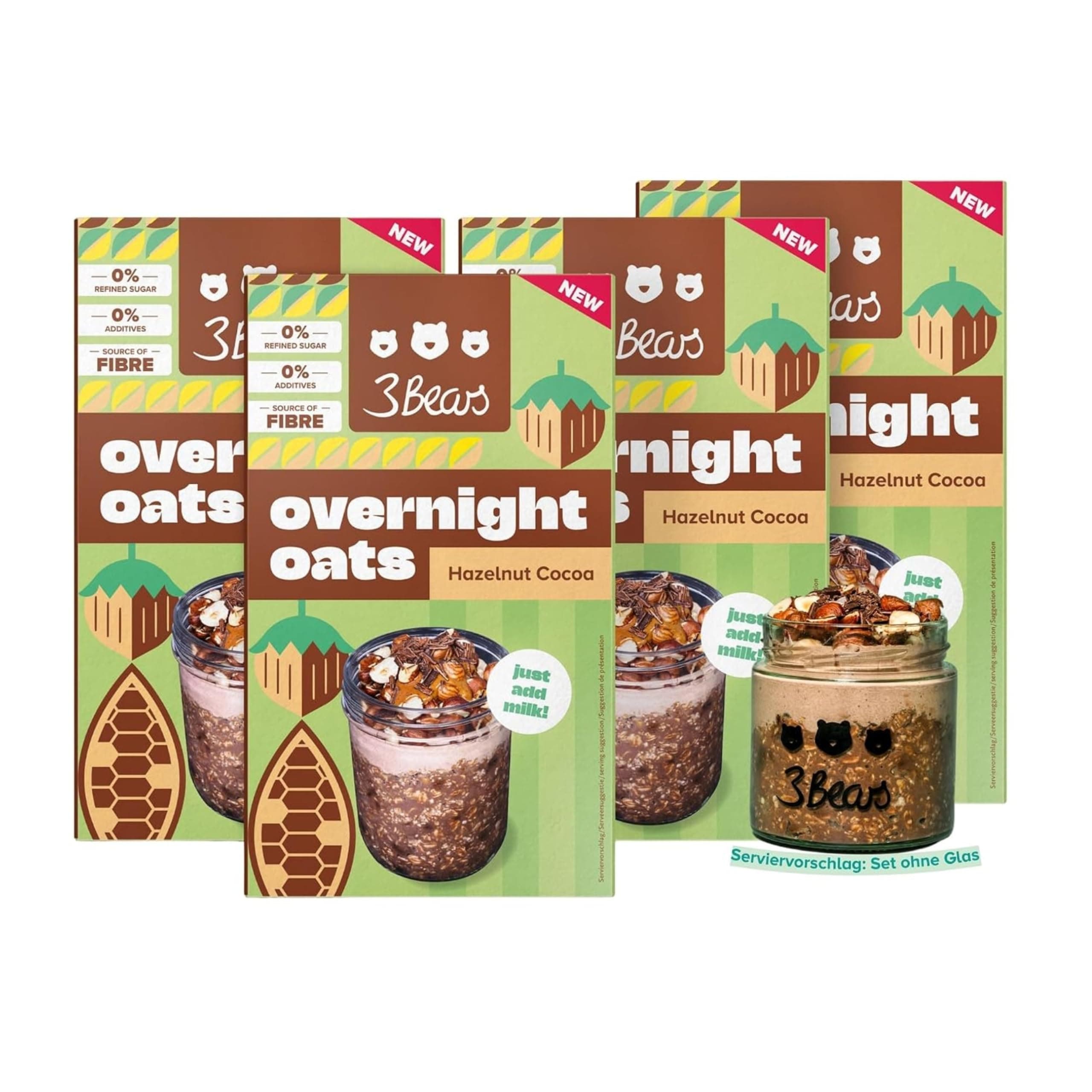3Bears Overnight Oats Haselnuss Kakao 4x400g - Streng limitierte Sommer-Edition - Proteinquelle mit Vollkorn-Hafer, Haselnuss & Kakao - veganes Frühstück ohne Industriezucker - schnelles Meal Prep Haselnuss Kakao (ohne Glas) Angebot bei HelloDeals