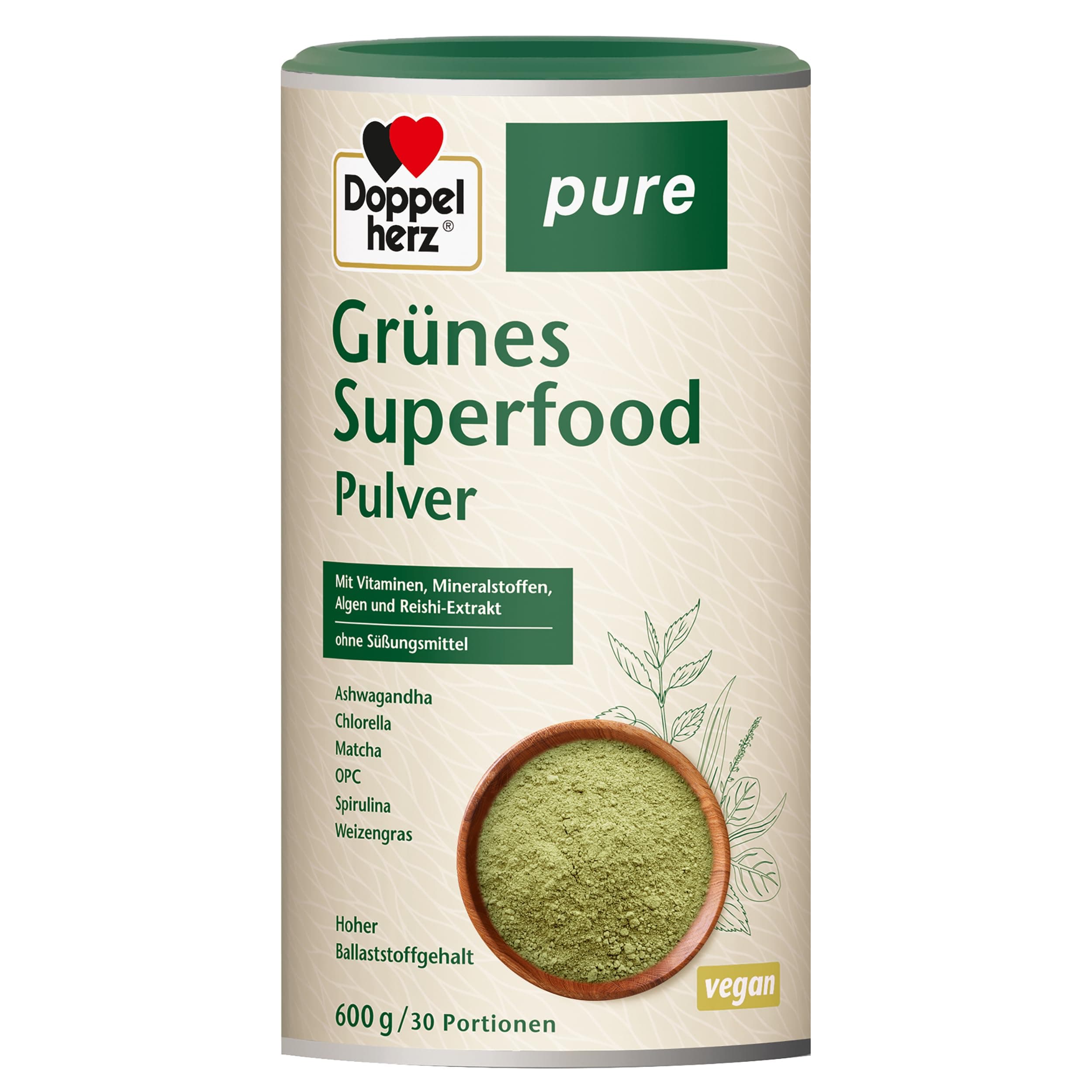 Doppelherz pure Grünes Superfood Pulver - U.a. mit Ashwagandha, Matcha, Weizengras & OPC - vegan & ohne Süßungsmittel - 600 g Angebot bei HelloDeals