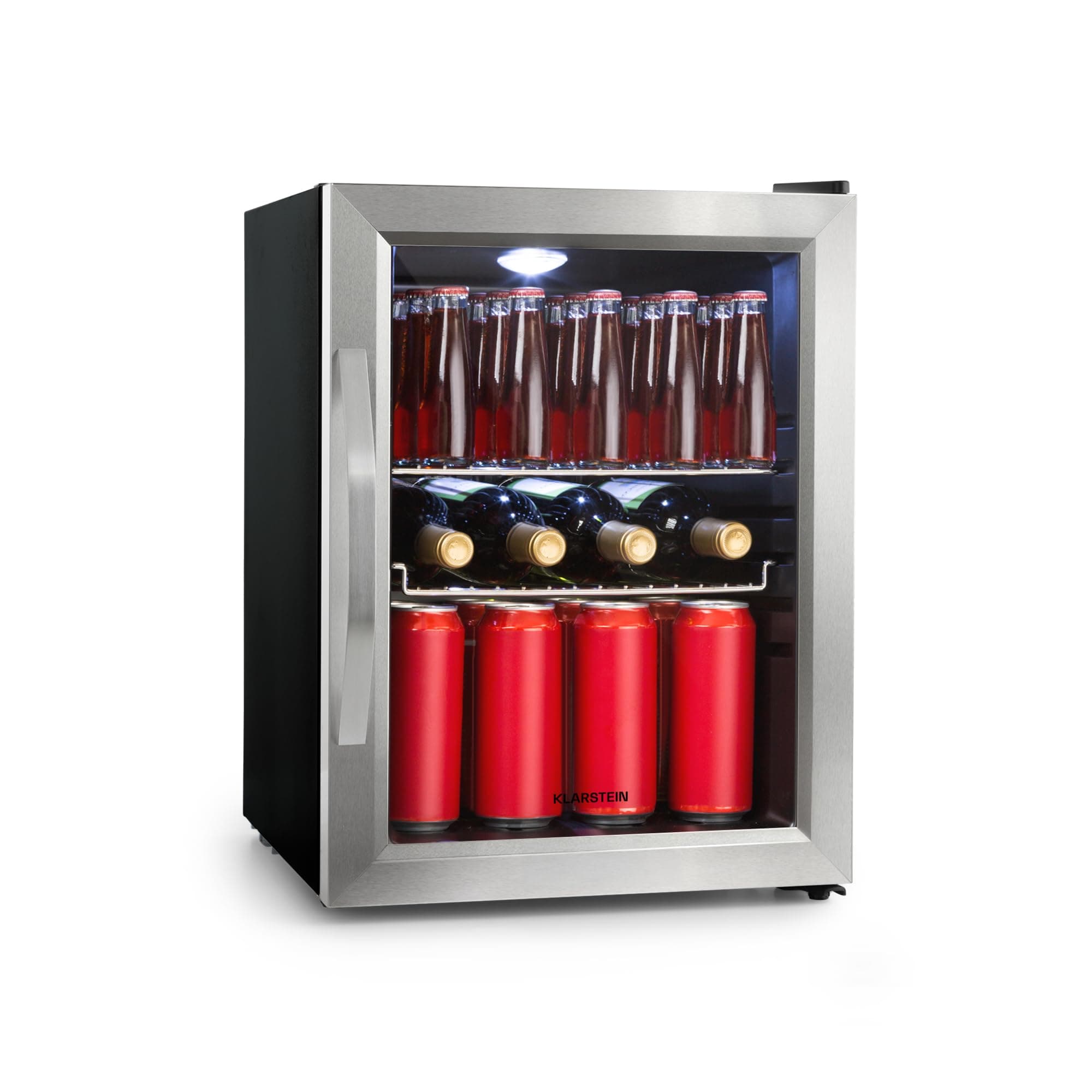 Klarstein Beersafe Getränkekühlschrank 33 L – Mini Kühlschrank mit Glastür, Silber-Schwarz | LED-Beleuchtung, herausnehmbare Metallablagen, leise, Flaschenkühlschrank für Getränke & Dosen 33 L Silber-schwarz Angebot bei HelloDeals