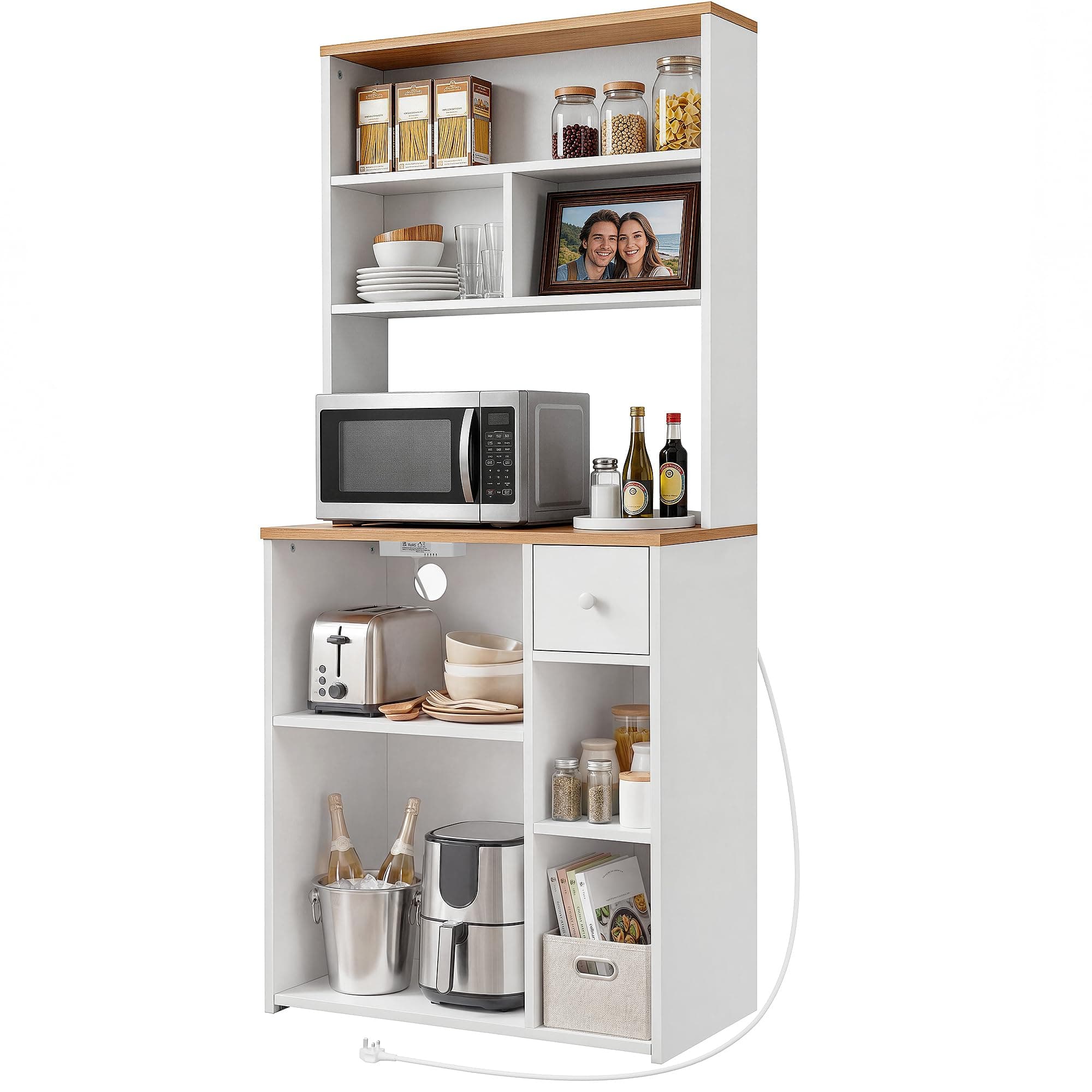 YITAHOME küchenregal mit Steckdose, 2 AC-Steckdosen, 2 USB-Anschlüssen, kaffeebar arbeitsplatte, Regal küche mit schubladen,schmales Regal 75 cm breit, Mikrowellenregal, 75x40x170 cm, Eiche und Weiß Eiche und Weiß 75 x 40 x 170 cm Angebot bei HelloDeals
