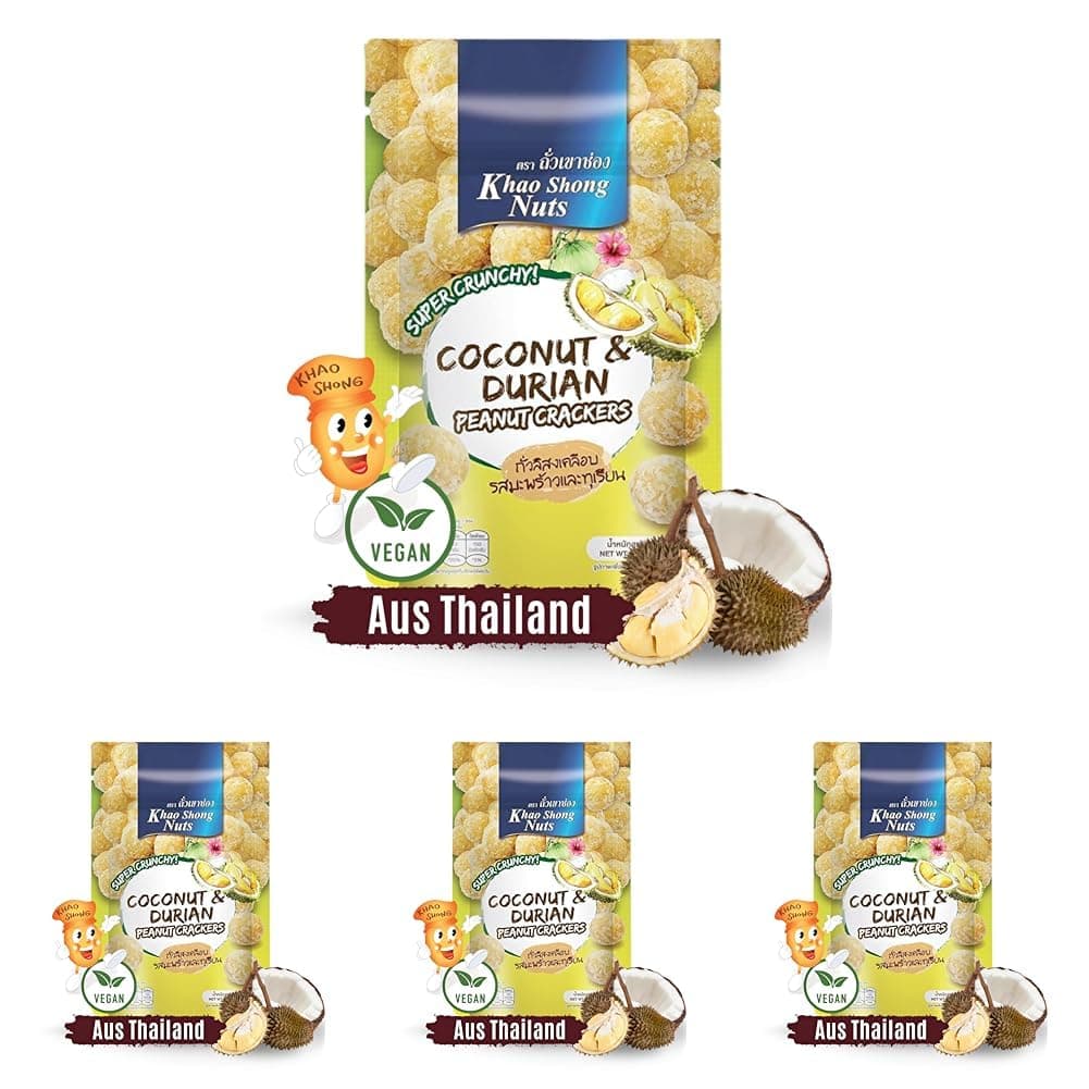 KHAO SHONG - Erdnuss Crackers Kokosnuss & Durian - 1 x 75 g (Packung mit 4) braun 75 g (Packung mit 4) Angebot bei HelloDeals