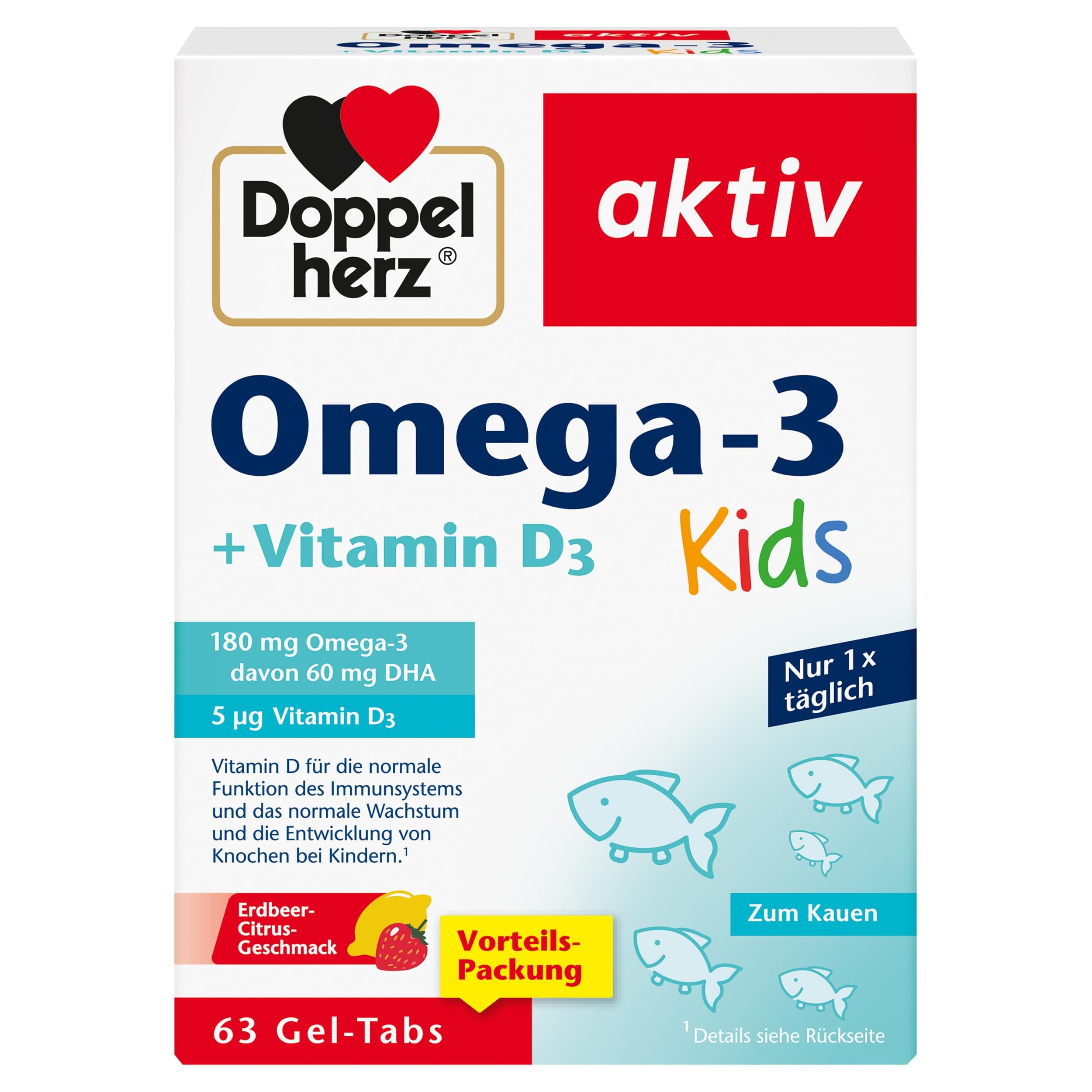 Doppelherz Omega-3 + Vitamin D3 Kids - mit Erdbeer-Citrusgeschmack | Vitamin D wird für ein gesundes Wachstum & eine gesunde Entwicklung der Knochen bei Kindern benötigt - 63 Gel-Tabs 63 Stück 63 Gel-Tabs Angebot bei HelloDeals
