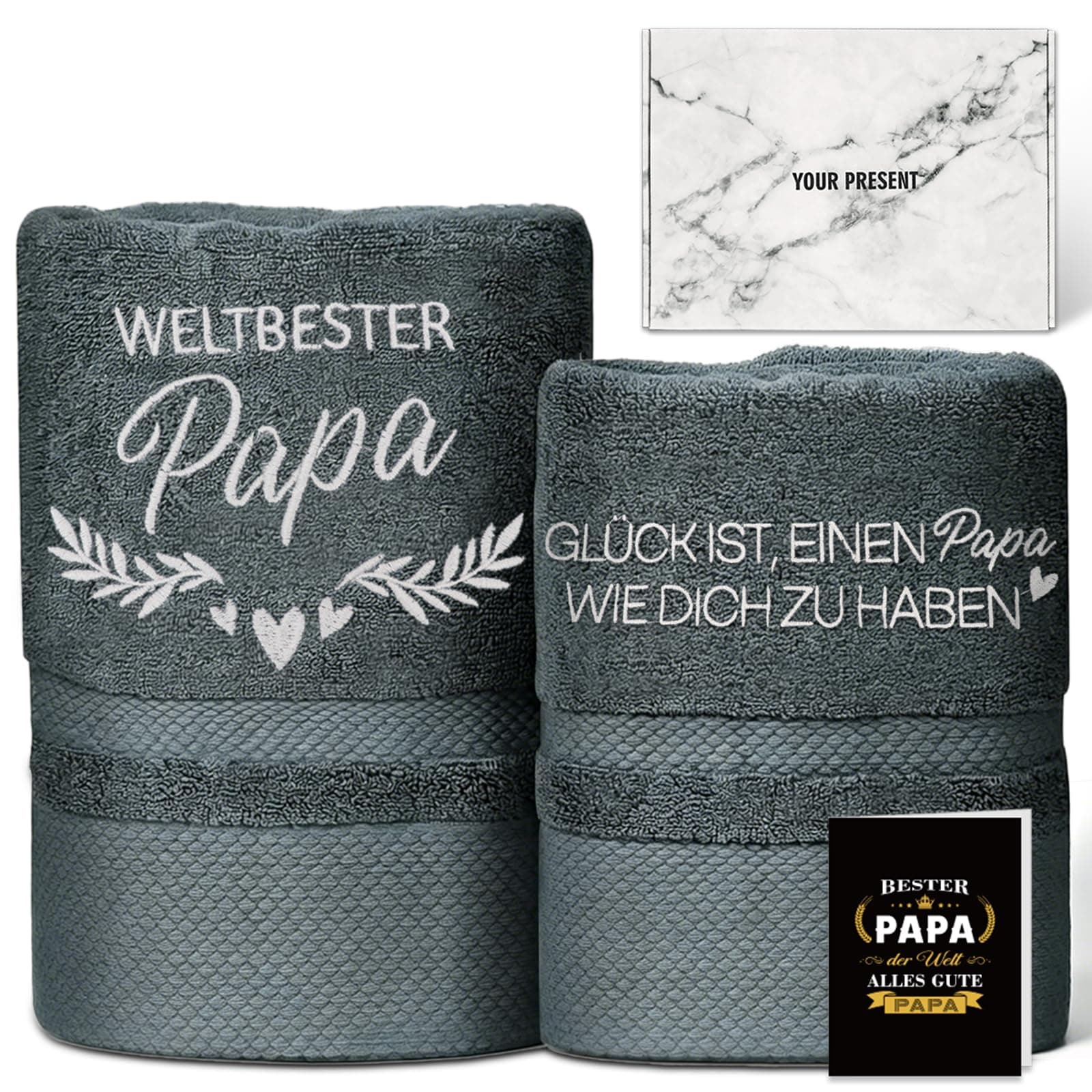 YSUVIN Papa Geschenk 2-teiliges Set 100% Baumwolle Bestickte Handtücher | Bester Geschenke für Papas Geburtstag und Vatertag - Badehandtuch 50 x 100 cm + Handtuch 35 x 75 cm, Graue Angebot bei HelloDeals